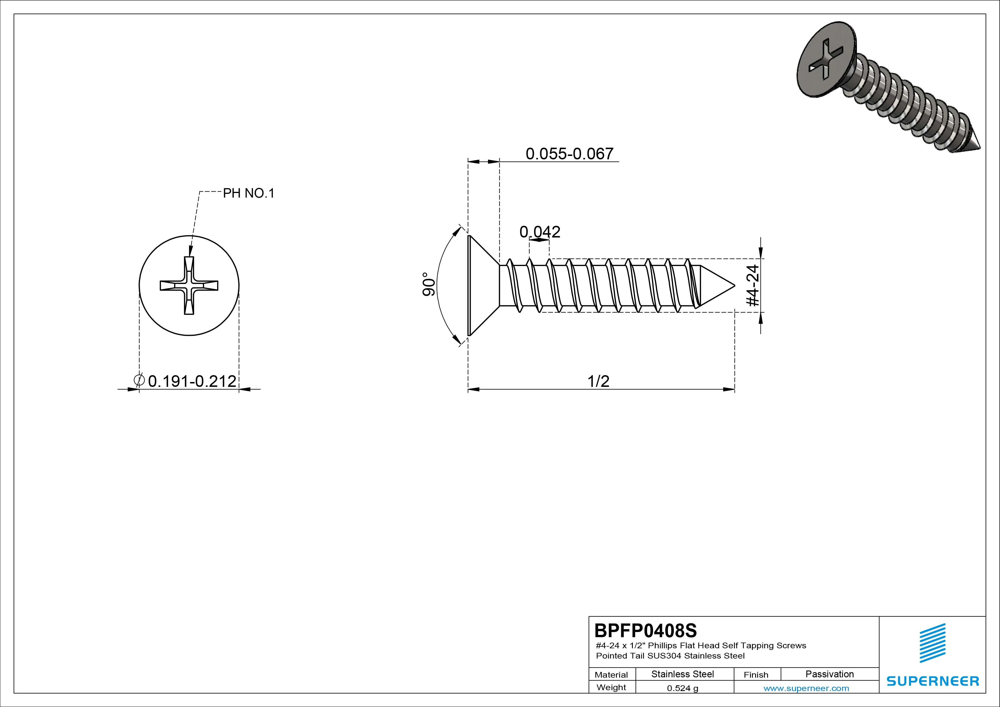 #4-24 x 1/2" Phillips Flat Head Self Tapping Screws Pointed Tail SUS304 Stainless Steel