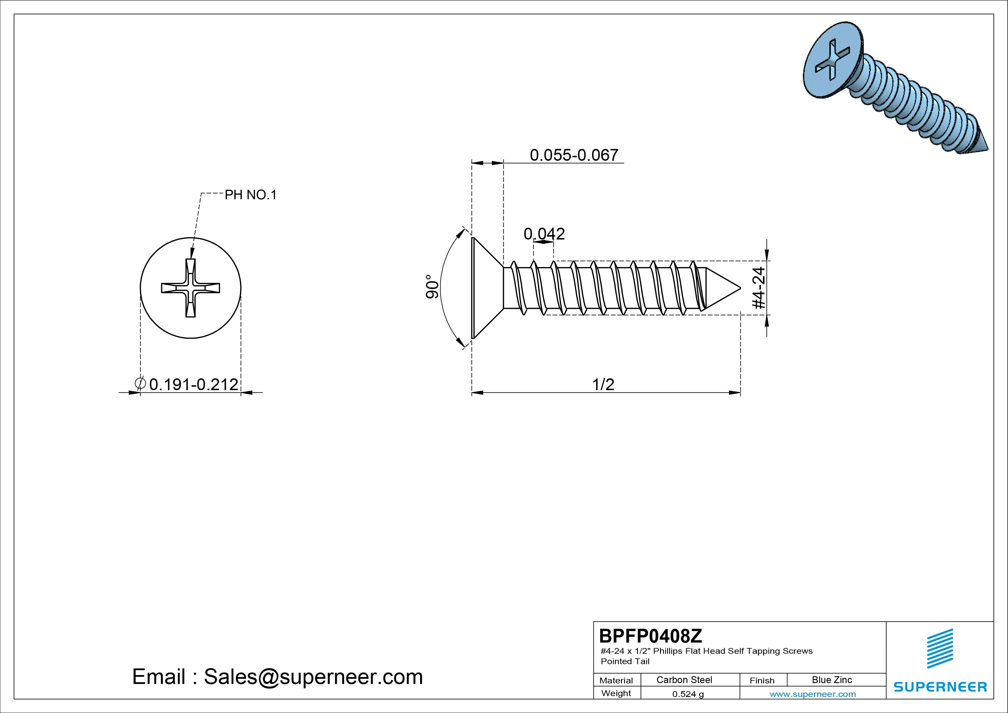 #4-24 x 1/2" Phillips Flat Head Self Tapping Screws Pointed Tail Steel Blue Zinc Plated