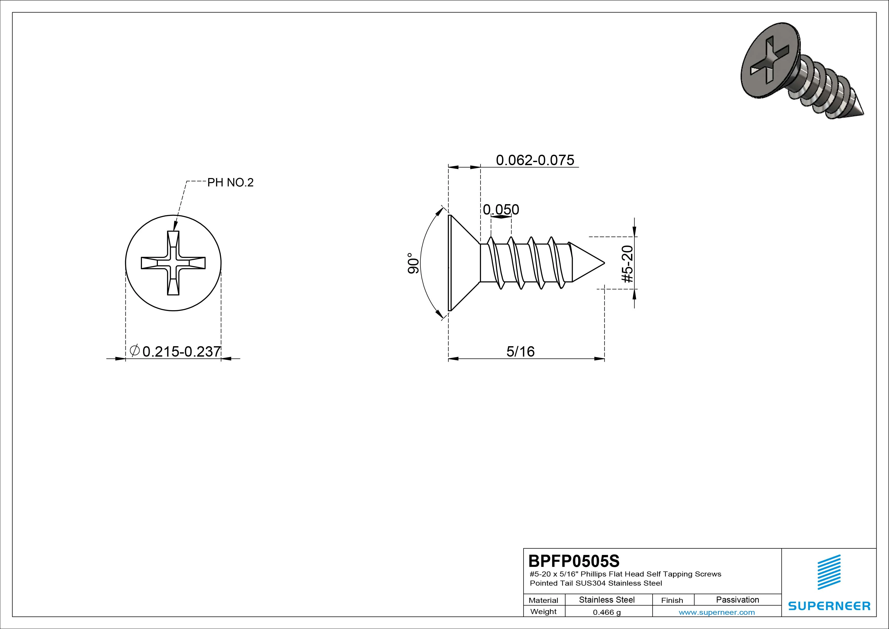 #5-20 x 5/16" Phillips Flat Head Self Tapping Screws Pointed Tail SUS304 Stainless Steel