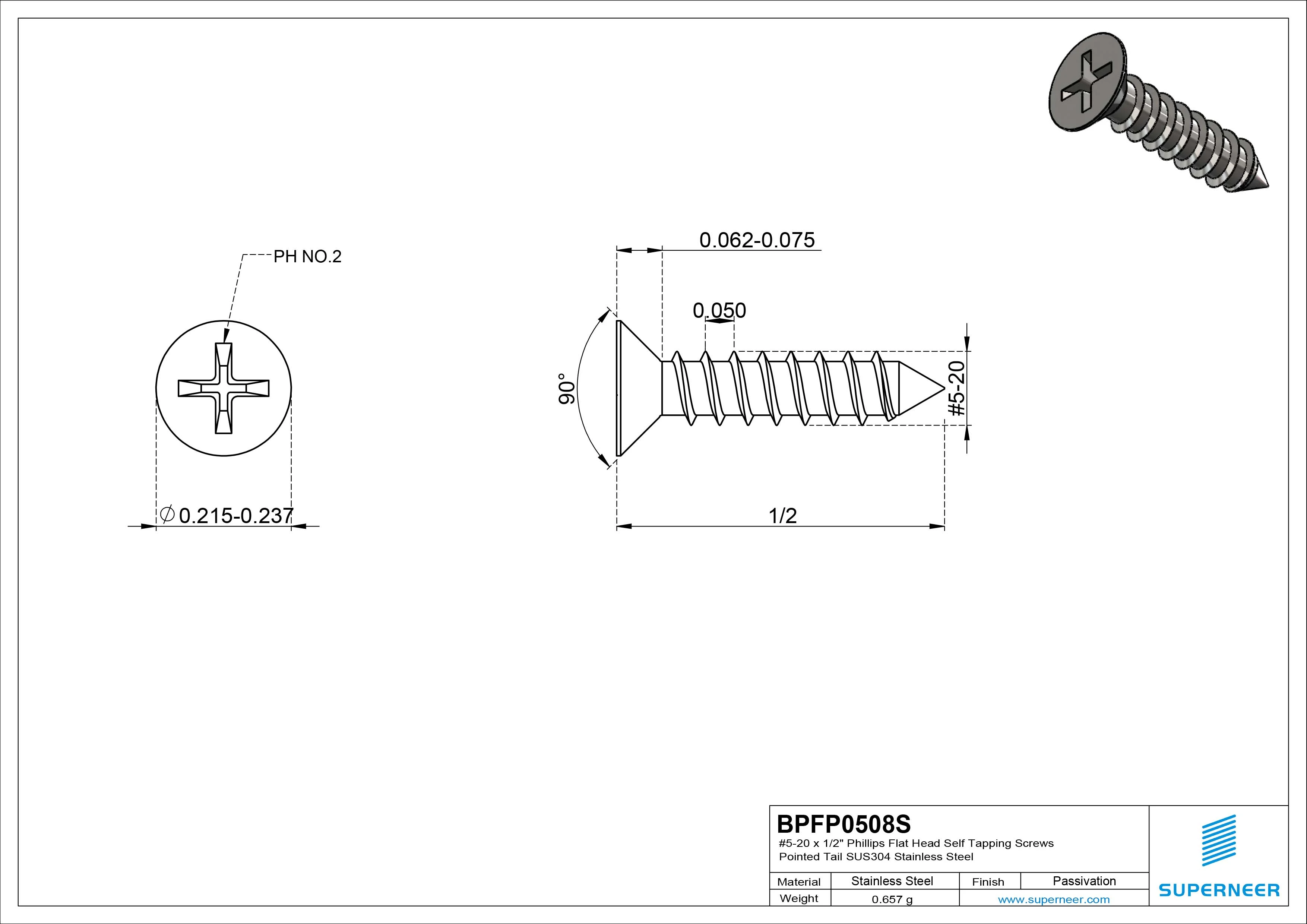 #5-20 x 1/2" Phillips Flat Head Self Tapping Screws Pointed Tail SUS304 Stainless Steel