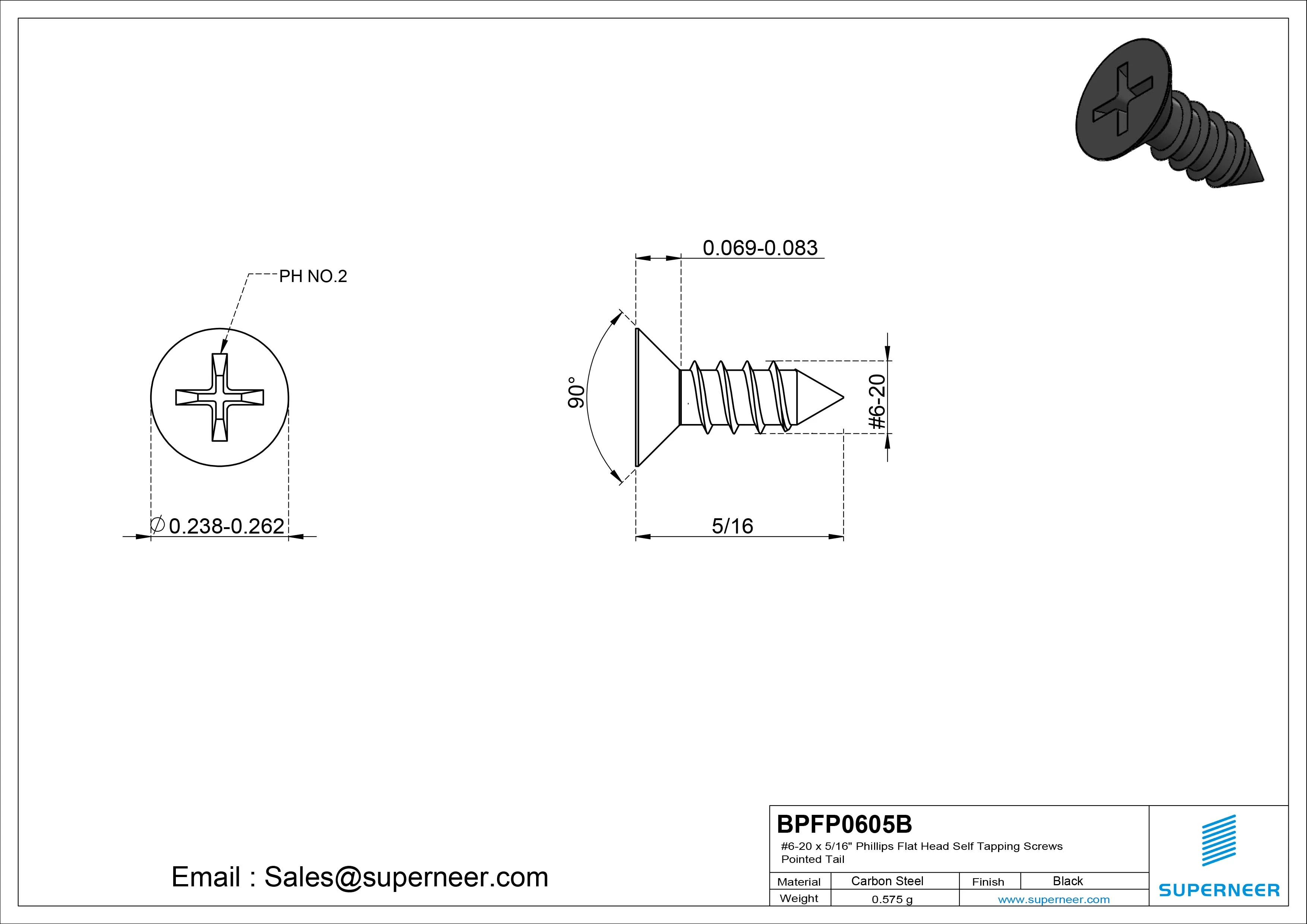#6-20 x 5/16" Phillips Flat Head Self Tapping Screws Pointed Tail Steel Black Zinc Plated