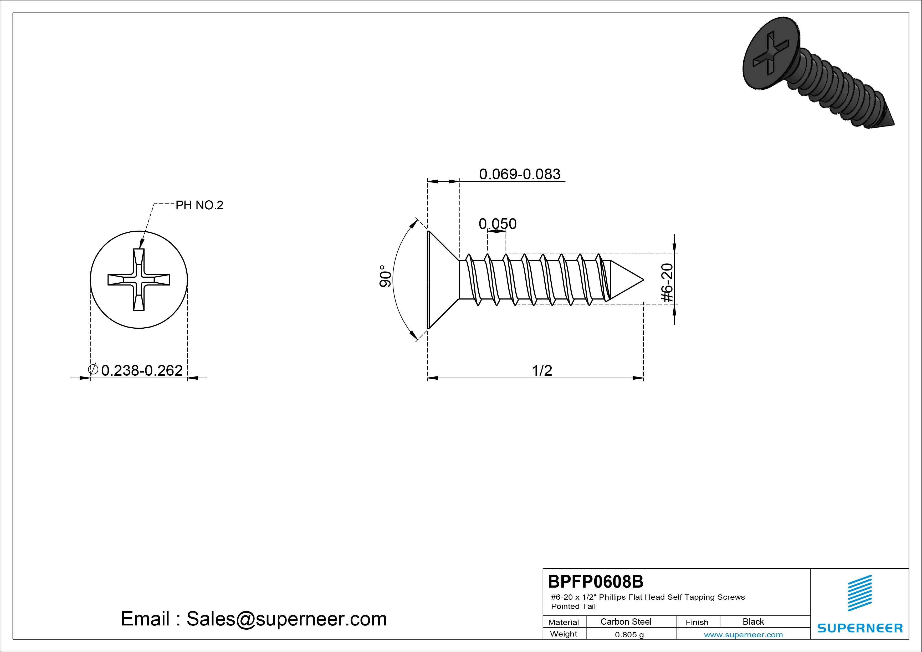 #6-20 x 1/2" Phillips Flat Head Self Tapping Screws Pointed Tail Steel Black Zinc Plated