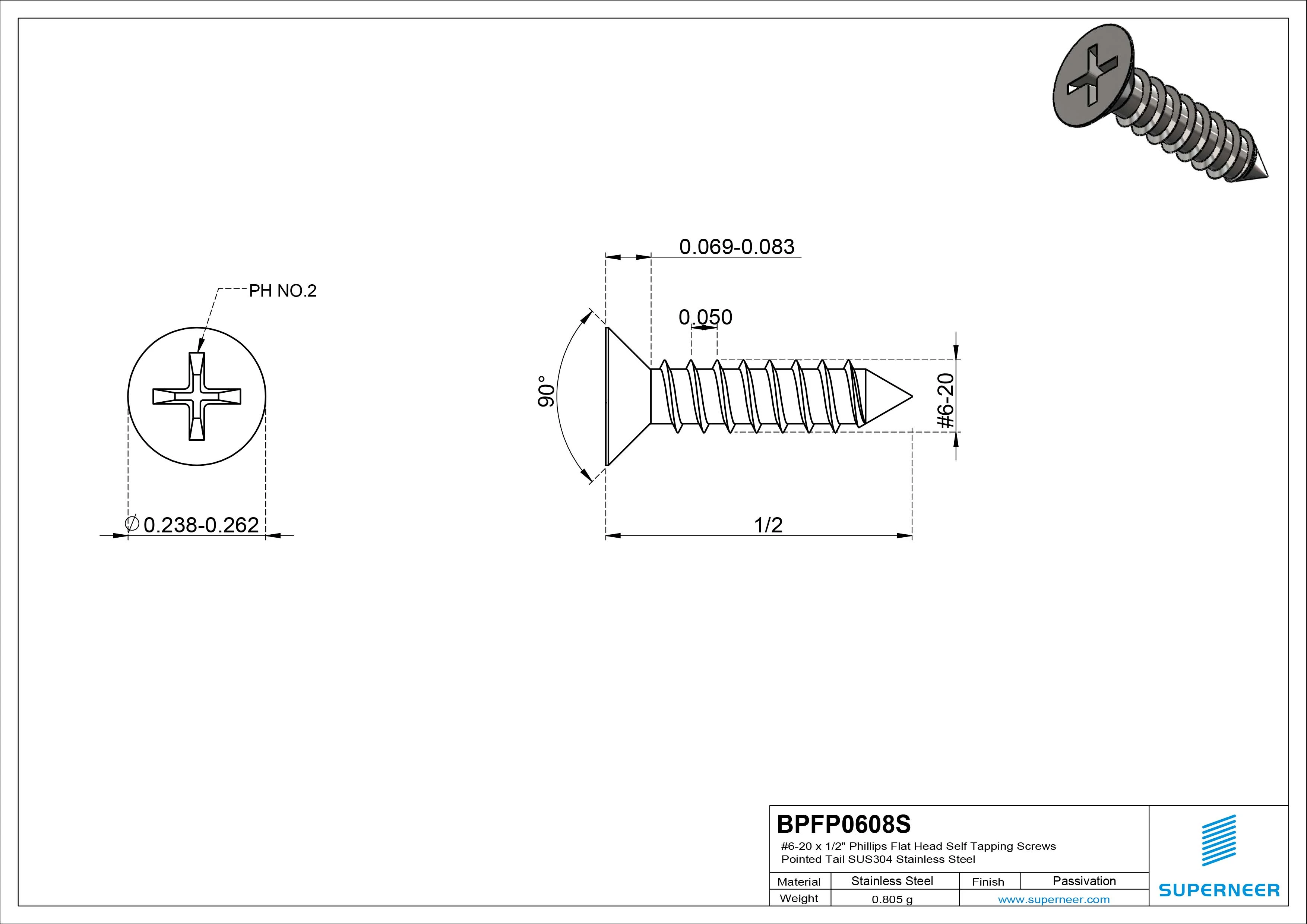 #6-20 x 1/2" Phillips Flat Head Self Tapping Screws Pointed Tail SUS304 Stainless Steel