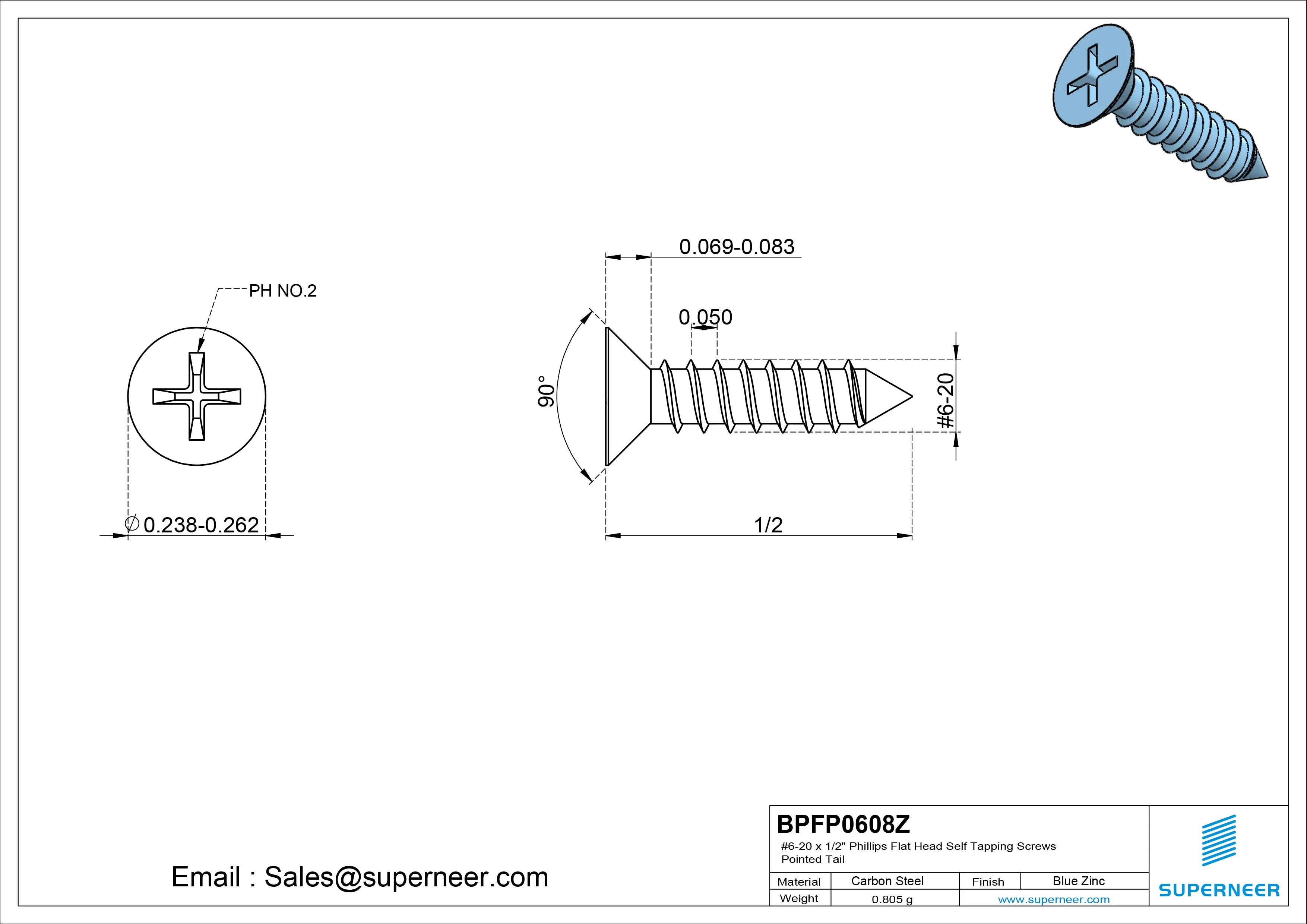 #6-20 x 1/2" Phillips Flat Head Self Tapping Screws Pointed Tail Steel Blue Zinc Plated