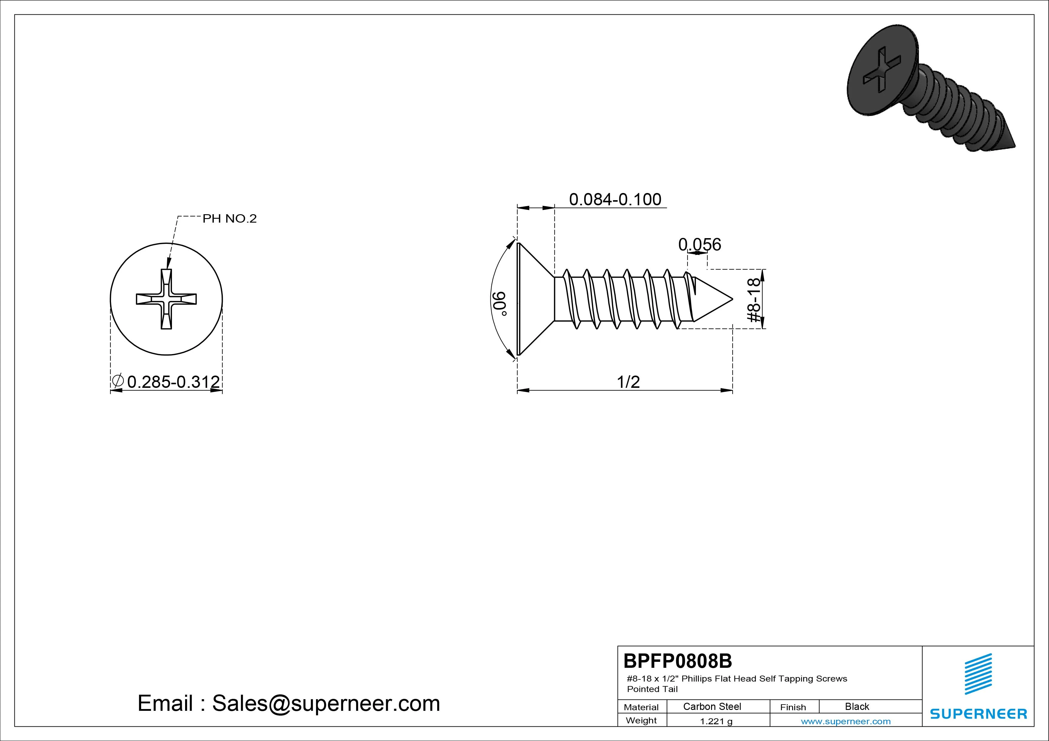 #8-18 x 1/2" Phillips Flat Head Self Tapping Screws Pointed Tail Steel Black Zinc Plated