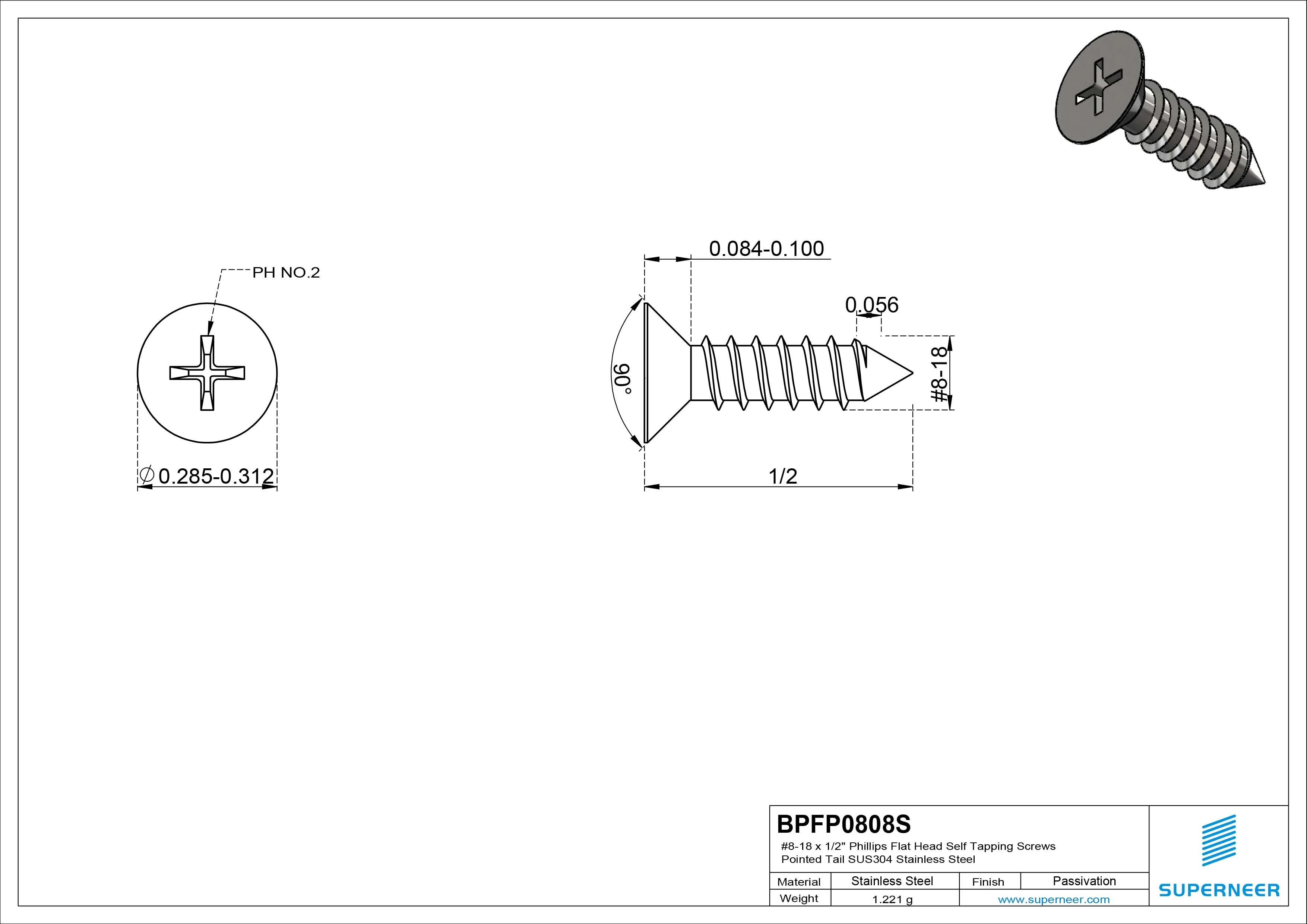#8-18 x 1/2" Phillips Flat Head Self Tapping Screws Pointed Tail SUS304 Stainless Steel