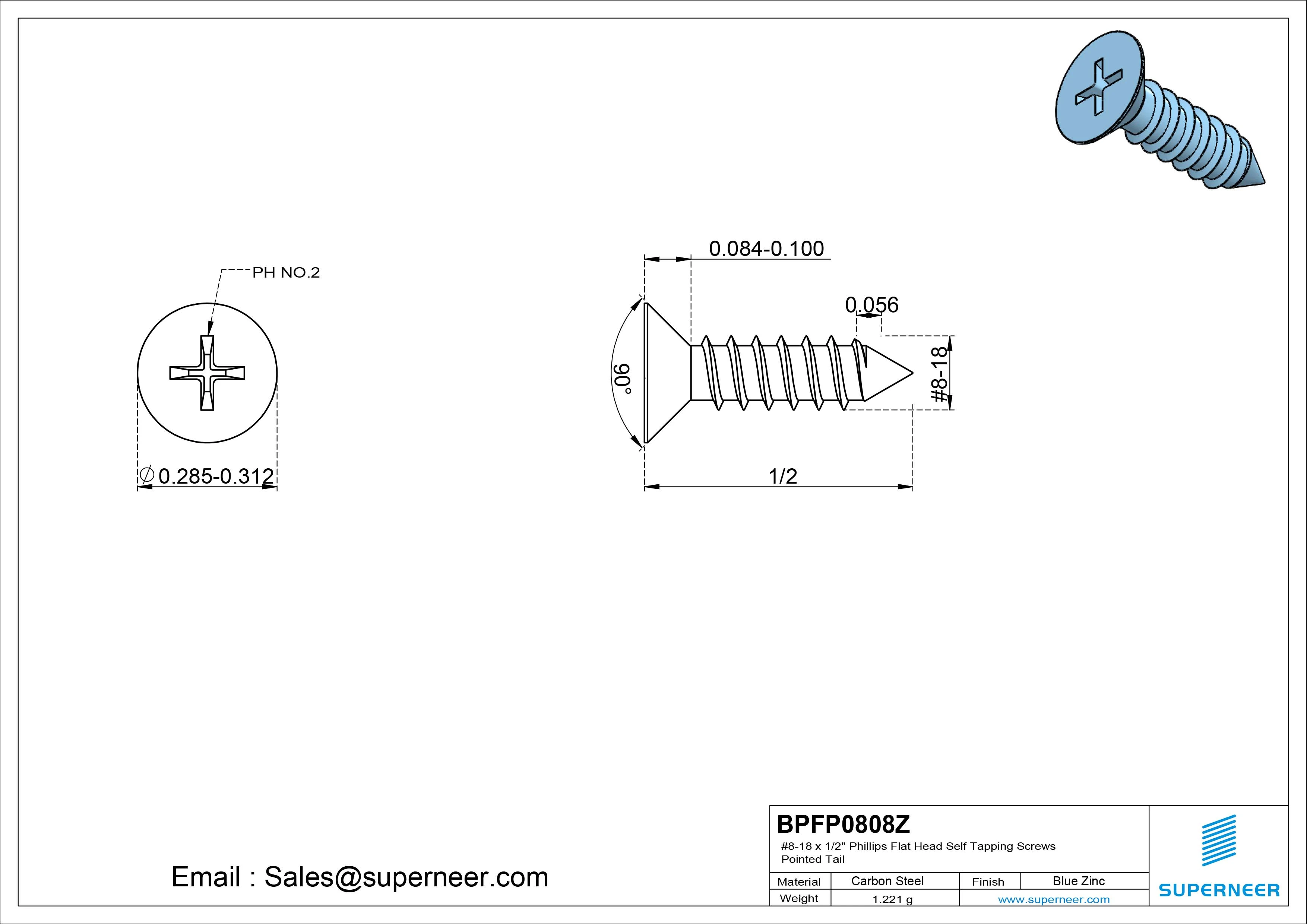 #8-18 x 1/2" Phillips Flat Head Self Tapping Screws Pointed Tail Steel Blue Zinc Plated