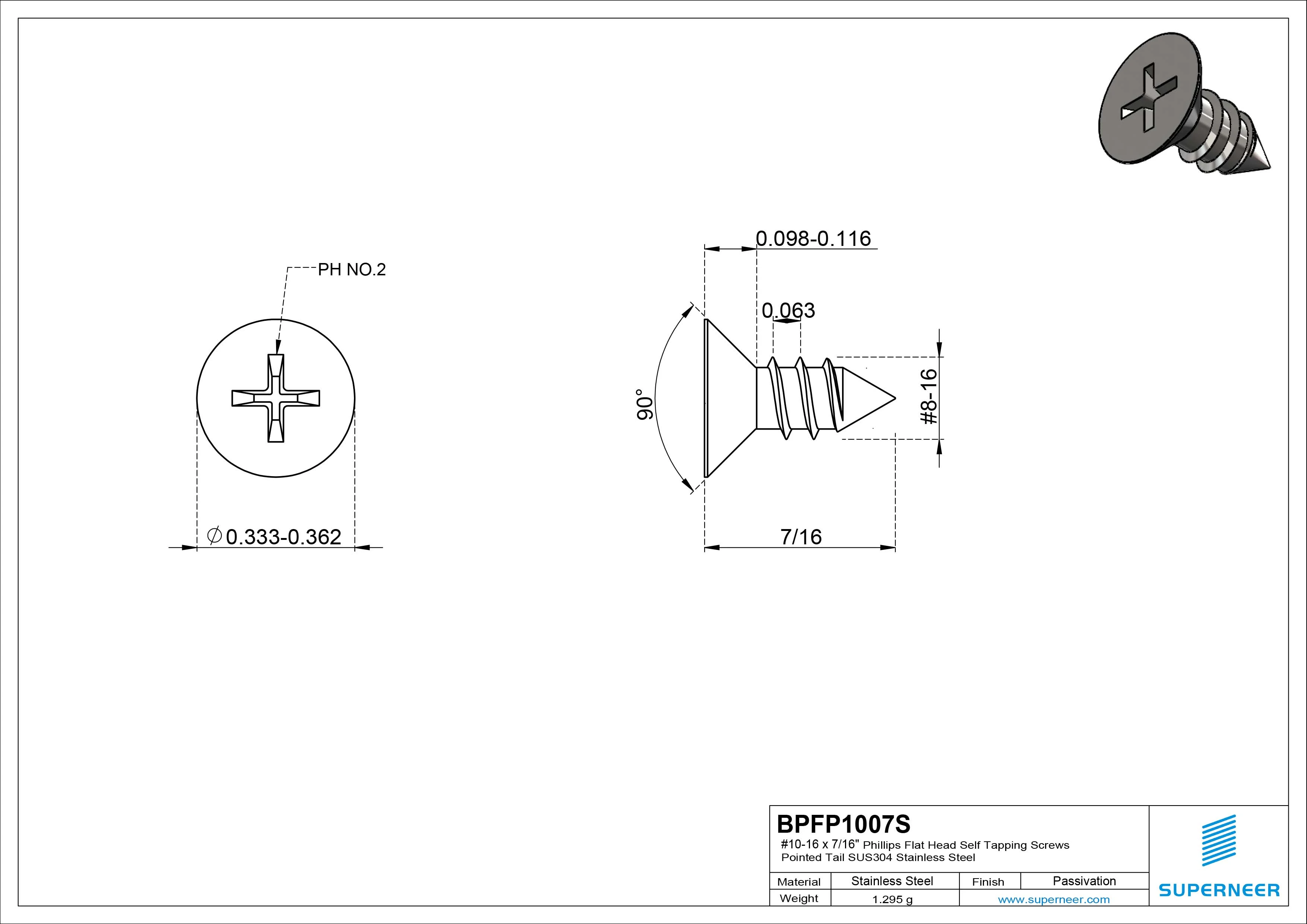 #10-16 x 7/16" Phillips Flat Head Self Tapping Screws Pointed Tail SUS304 Stainless Steel