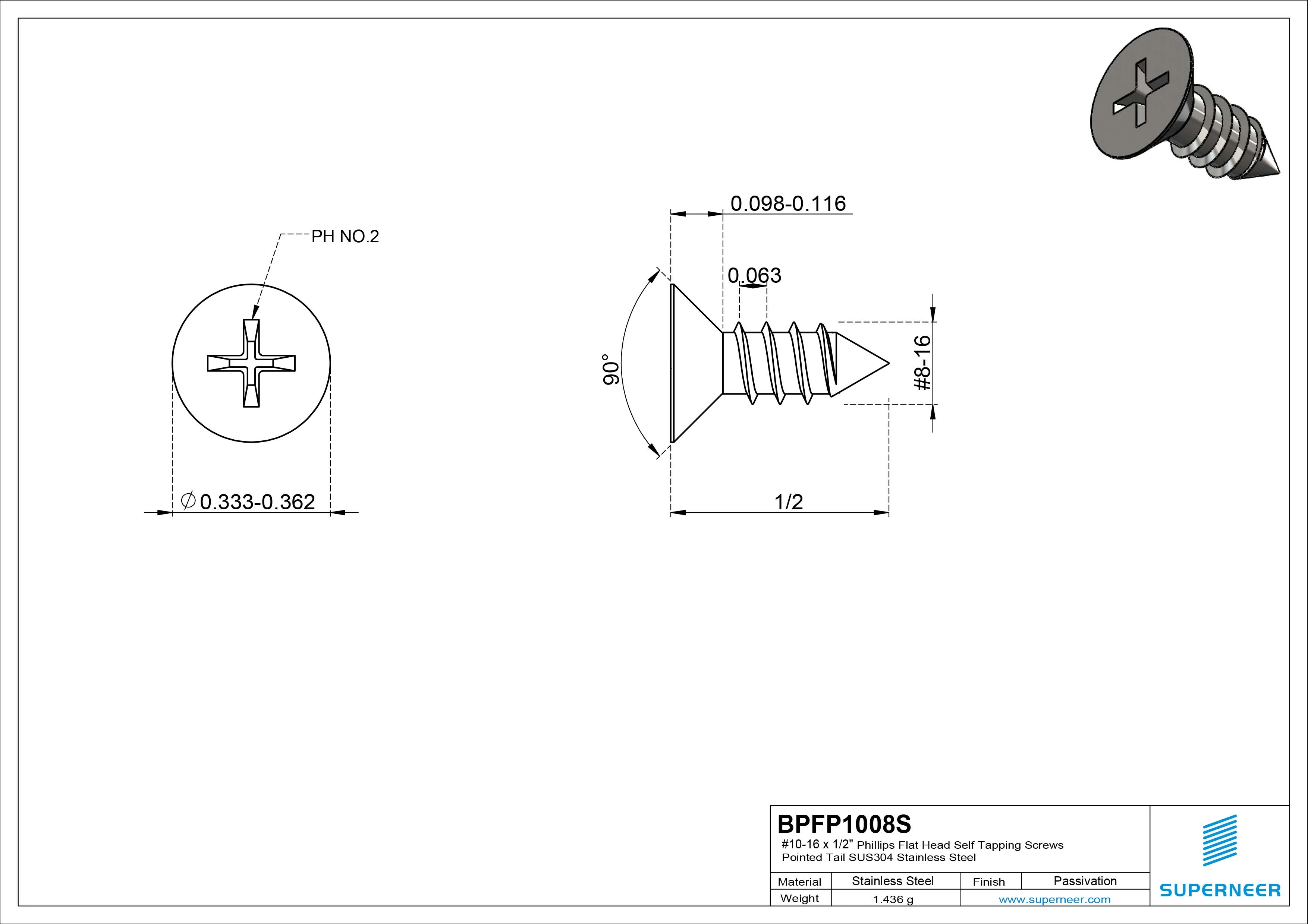 #10-16 x 1/2" Phillips Flat Head Self Tapping Screws Pointed Tail SUS304 Stainless Steel
