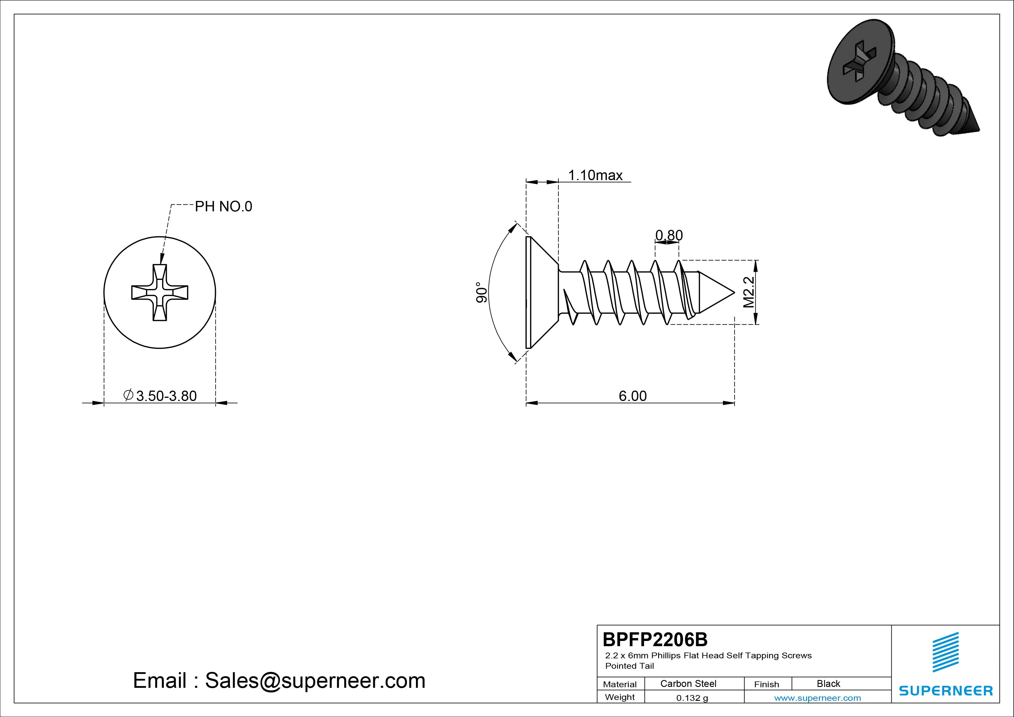2.2 x 6mm Phillips Flat Head Self Tapping Screws Pointed Tail Steel Black Zinc Plated