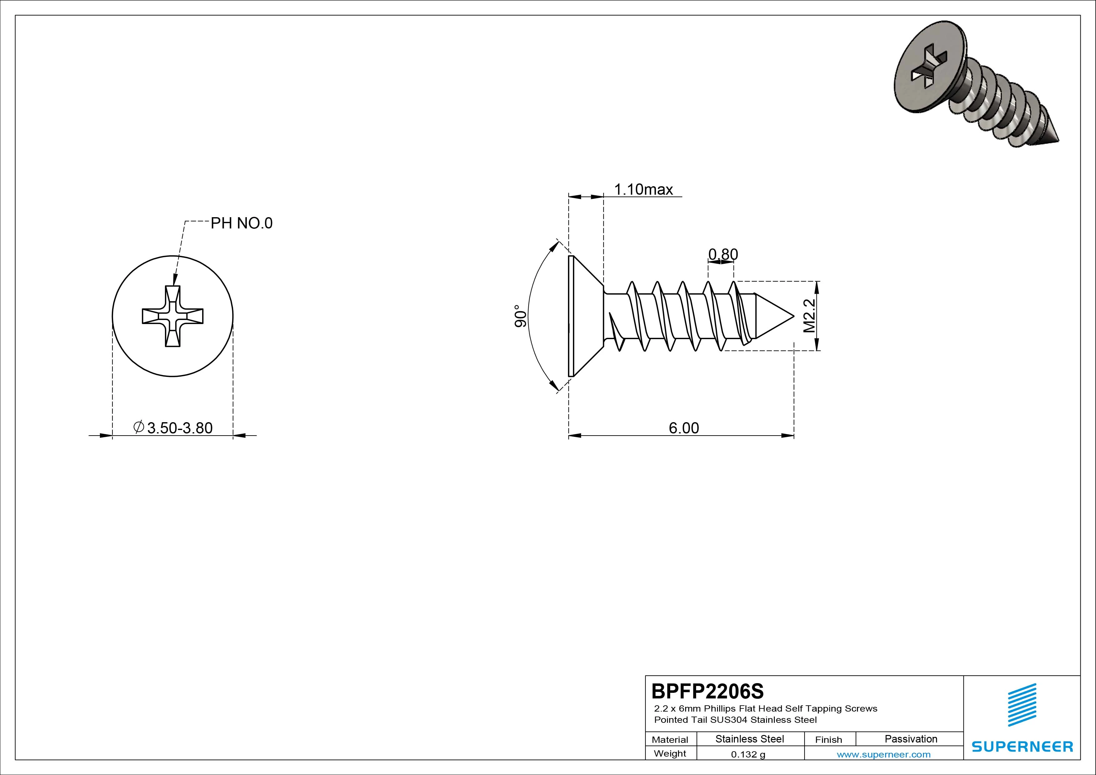 2.2 x 6mm Phillips Flat Head Self Tapping Screws Pointed Tail SUS304 Stainless Steel