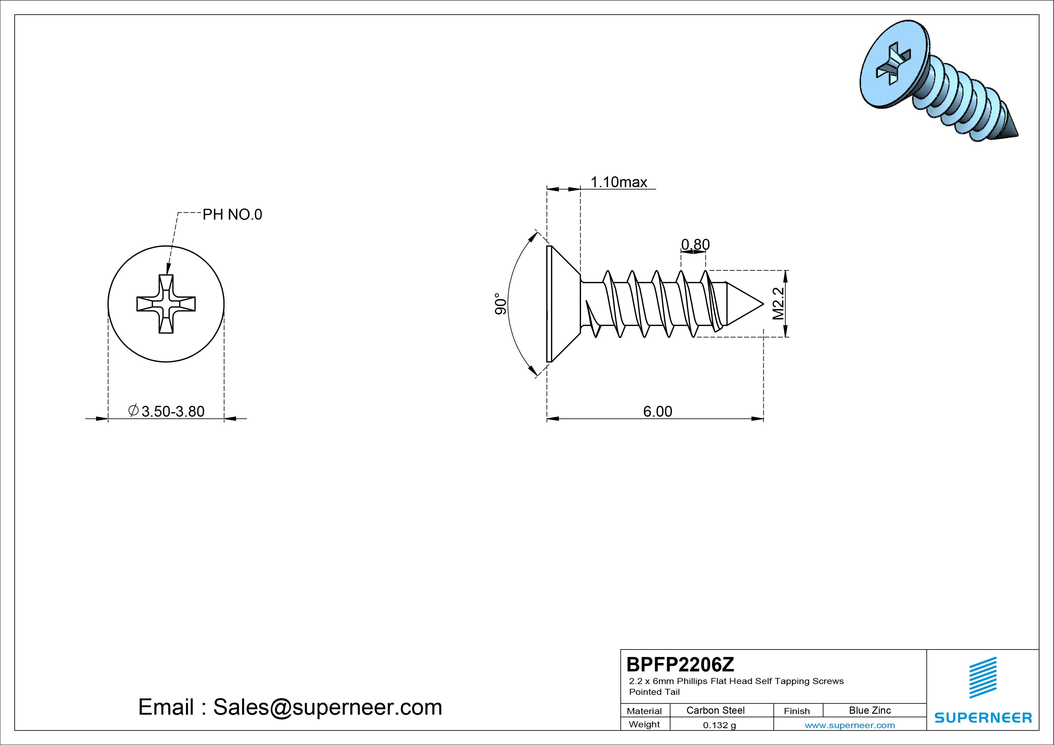 2.2 x 6mm Phillips Flat Head Self Tapping Screws Pointed Tail Steel Blue Zinc Plated