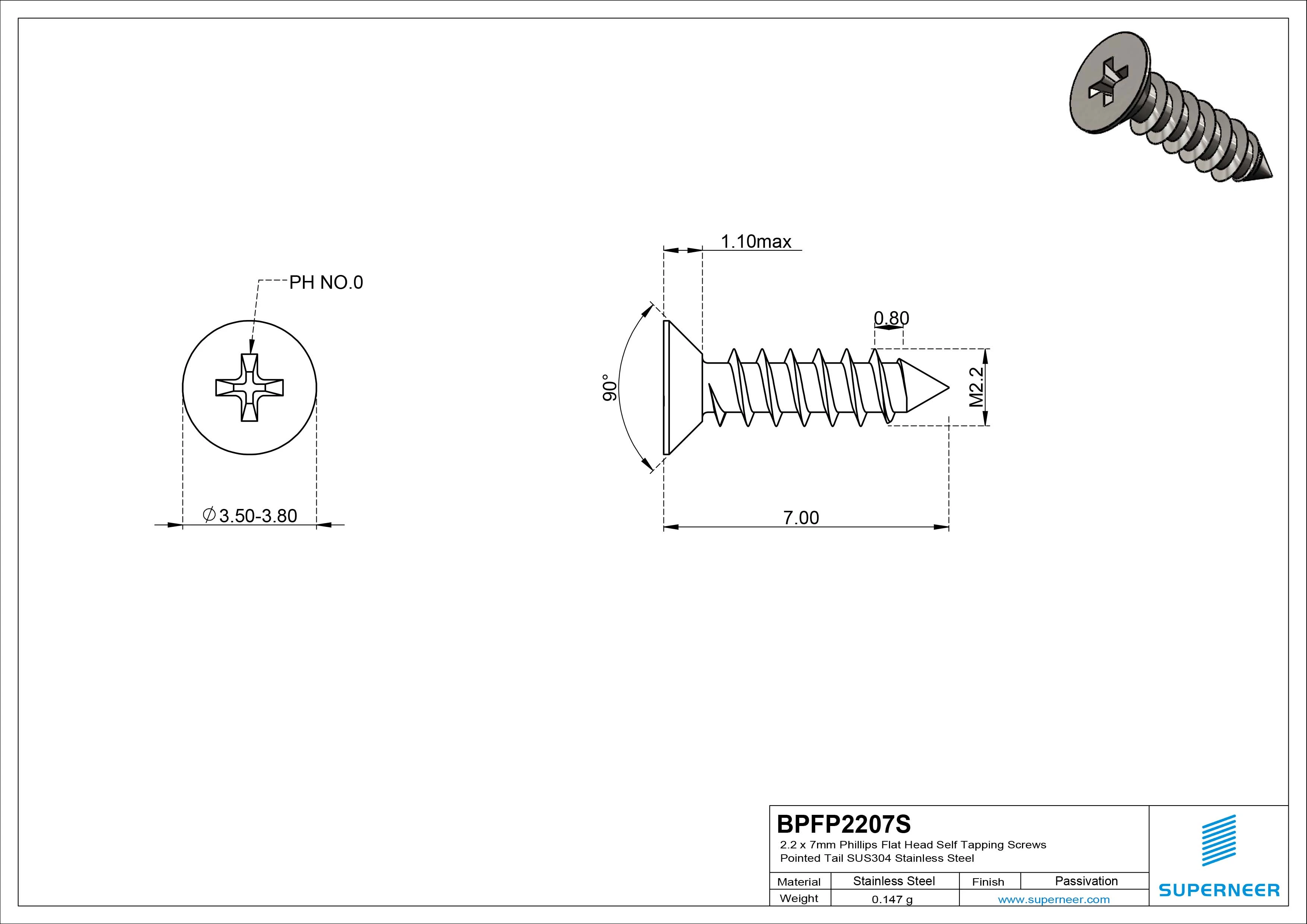 2.2 x 7mm Phillips Flat Head Self Tapping Screws Pointed Tail SUS304 Stainless Steel