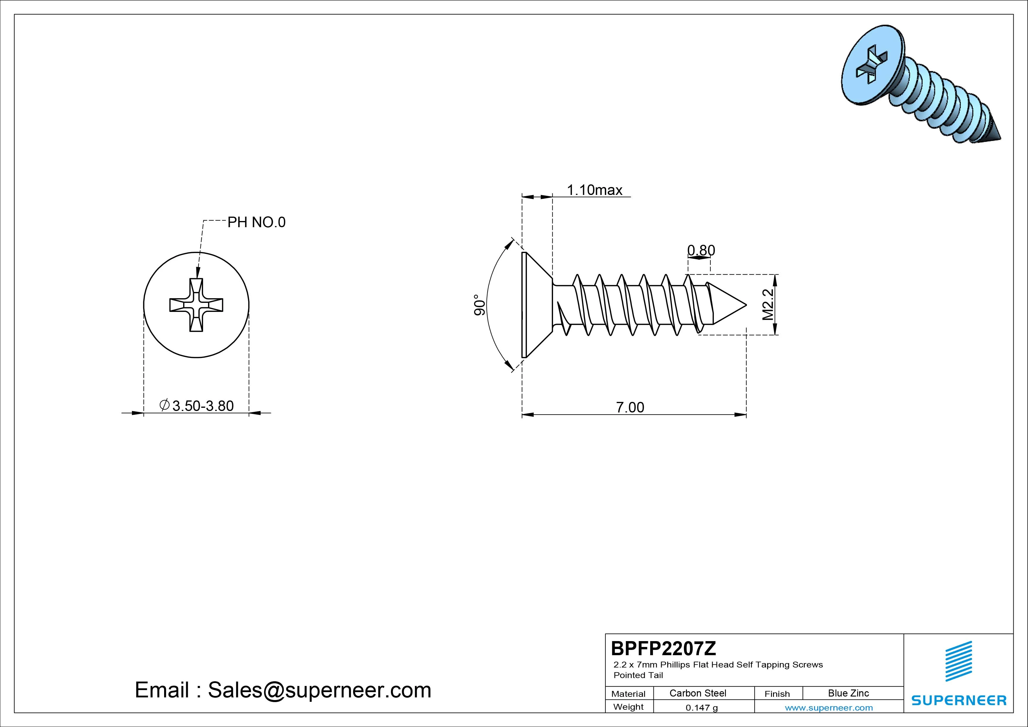 2.2 x 7mm Phillips Flat Head Self Tapping Screws Pointed Tail Steel Blue Zinc Plated