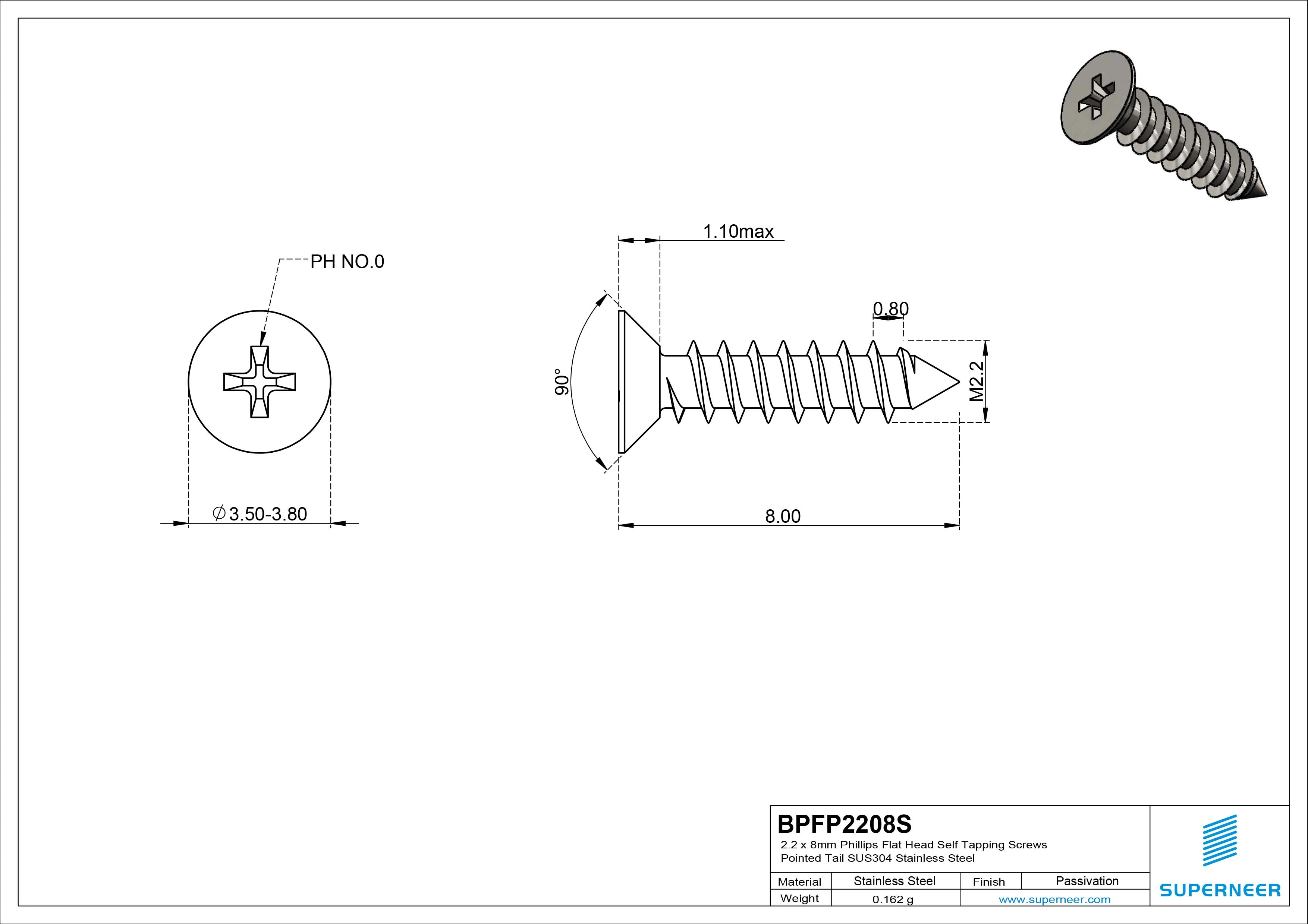 2.2 x 8mm Phillips Flat Head Self Tapping Screws Pointed Tail SUS304 Stainless Steel