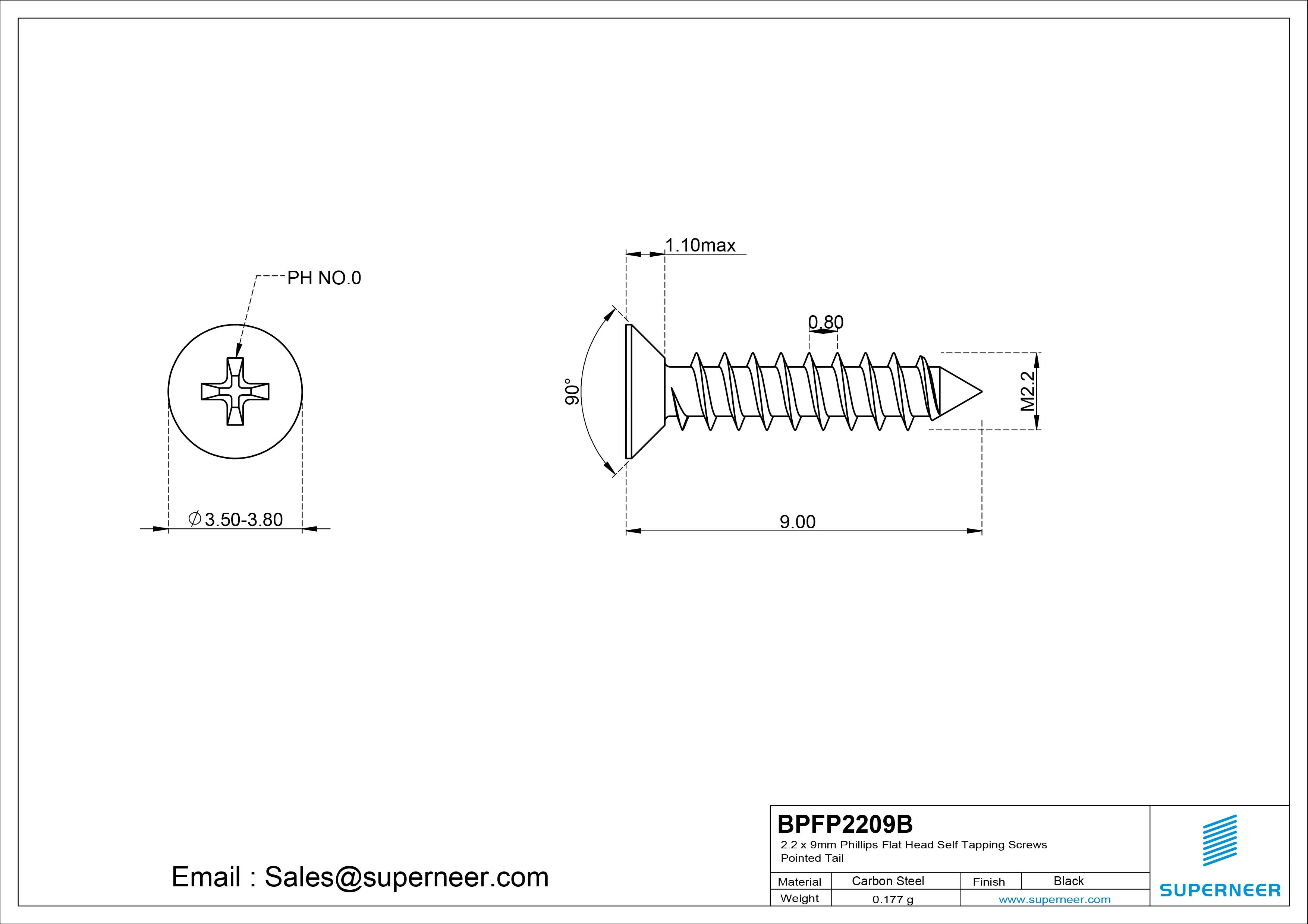 2.2 x 9mm Phillips Flat Head Self Tapping Screws Pointed Tail Steel Black Zinc Plated