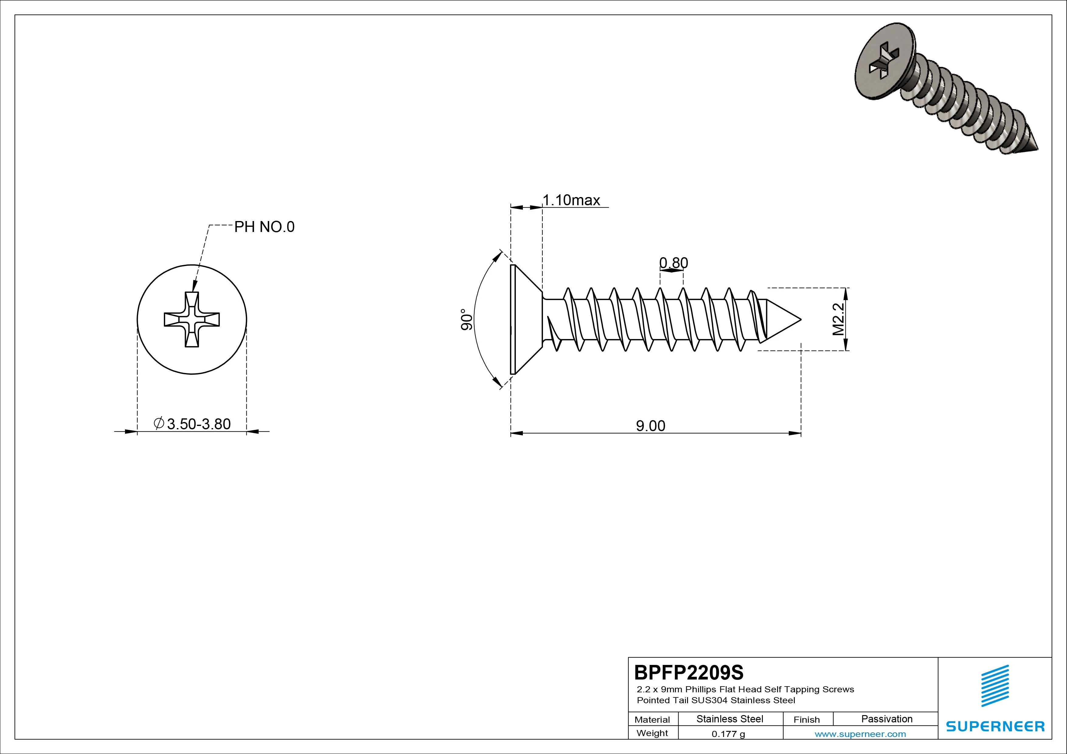 2.2 x 9mm Phillips Flat Head Self Tapping Screws Pointed Tail SUS304 Stainless Steel