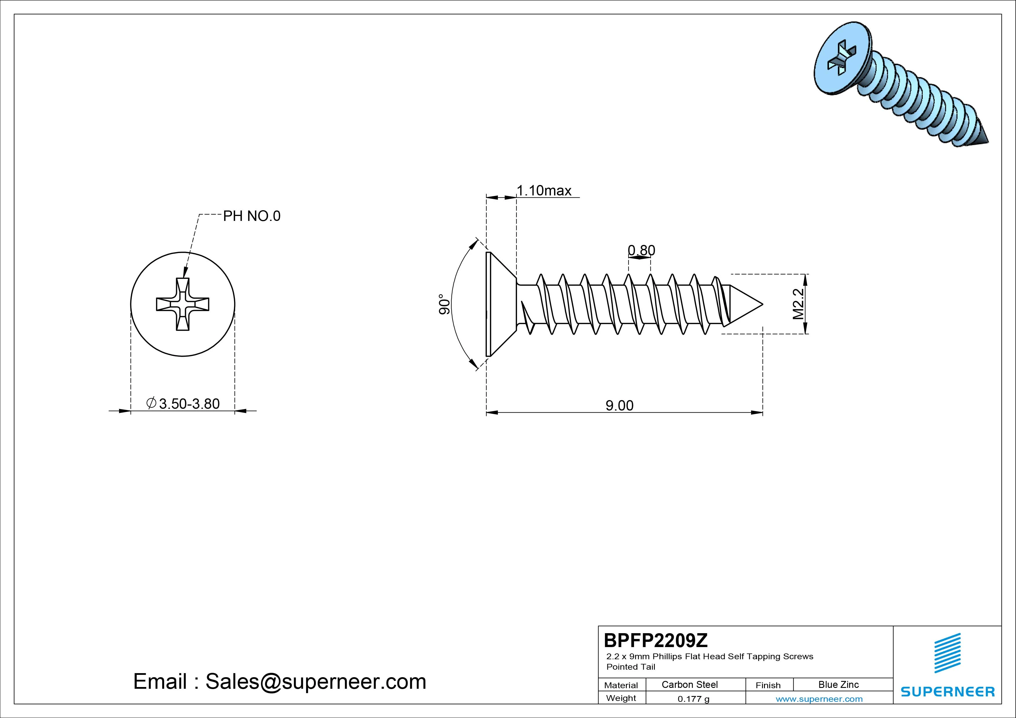 2.2 x 9mm Phillips Flat Head Self Tapping Screws Pointed Tail Steel Blue Zinc Plated