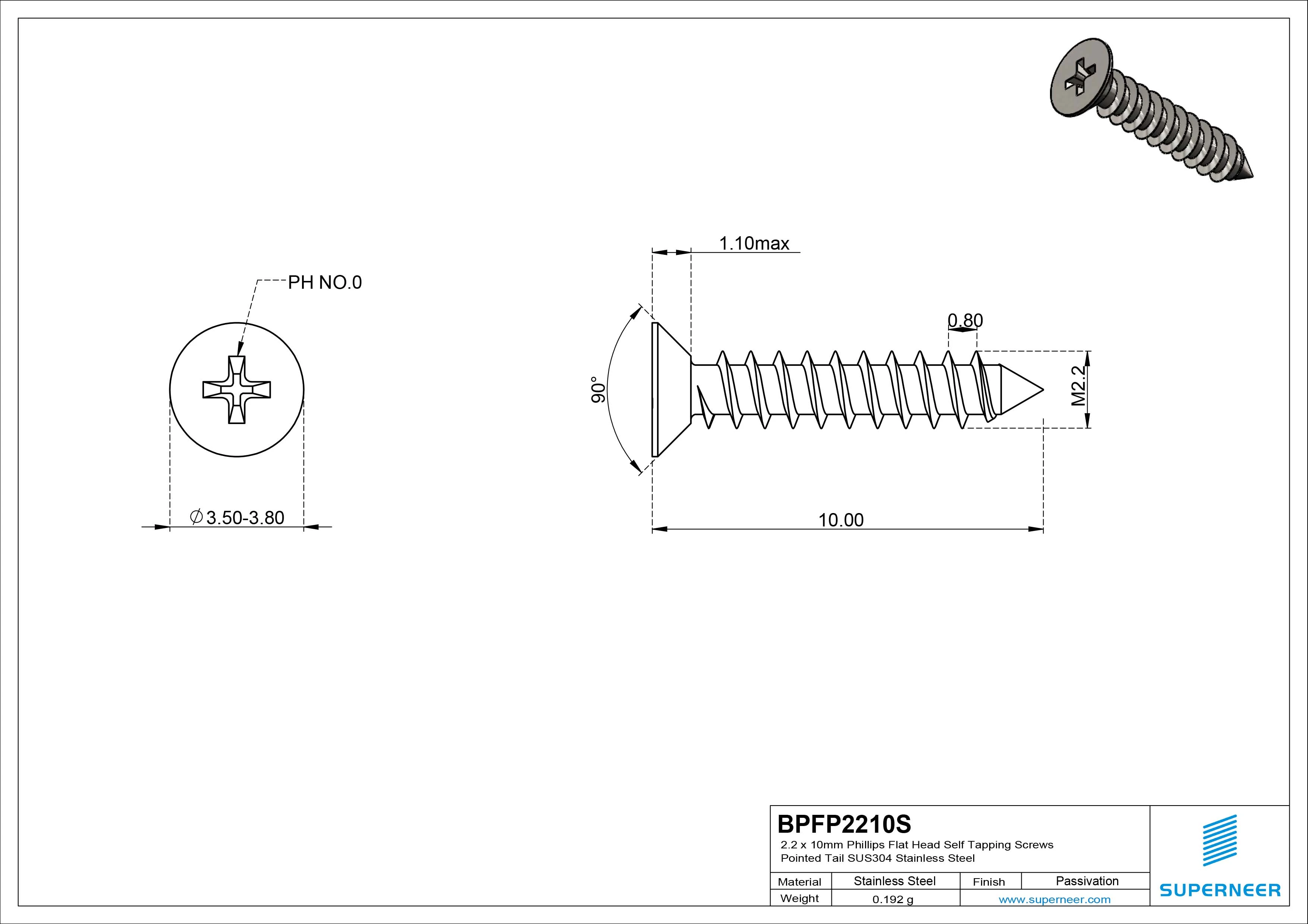 2.2 x 10mm Phillips Flat Head Self Tapping Screws Pointed Tail SUS304 Stainless Steel