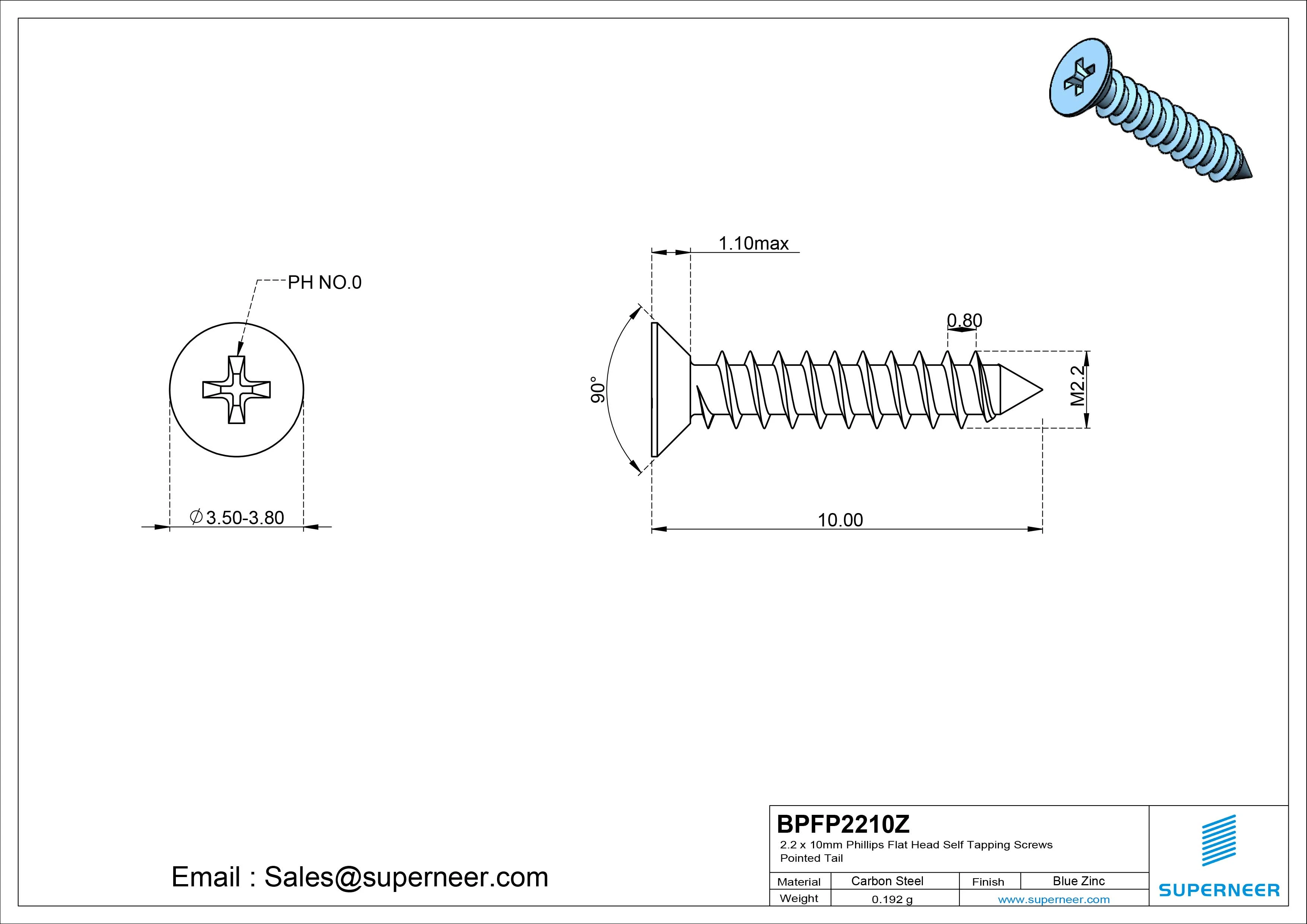 2.2 x 10mm Phillips Flat Head Self Tapping Screws Pointed Tail Steel Blue Zinc Plated