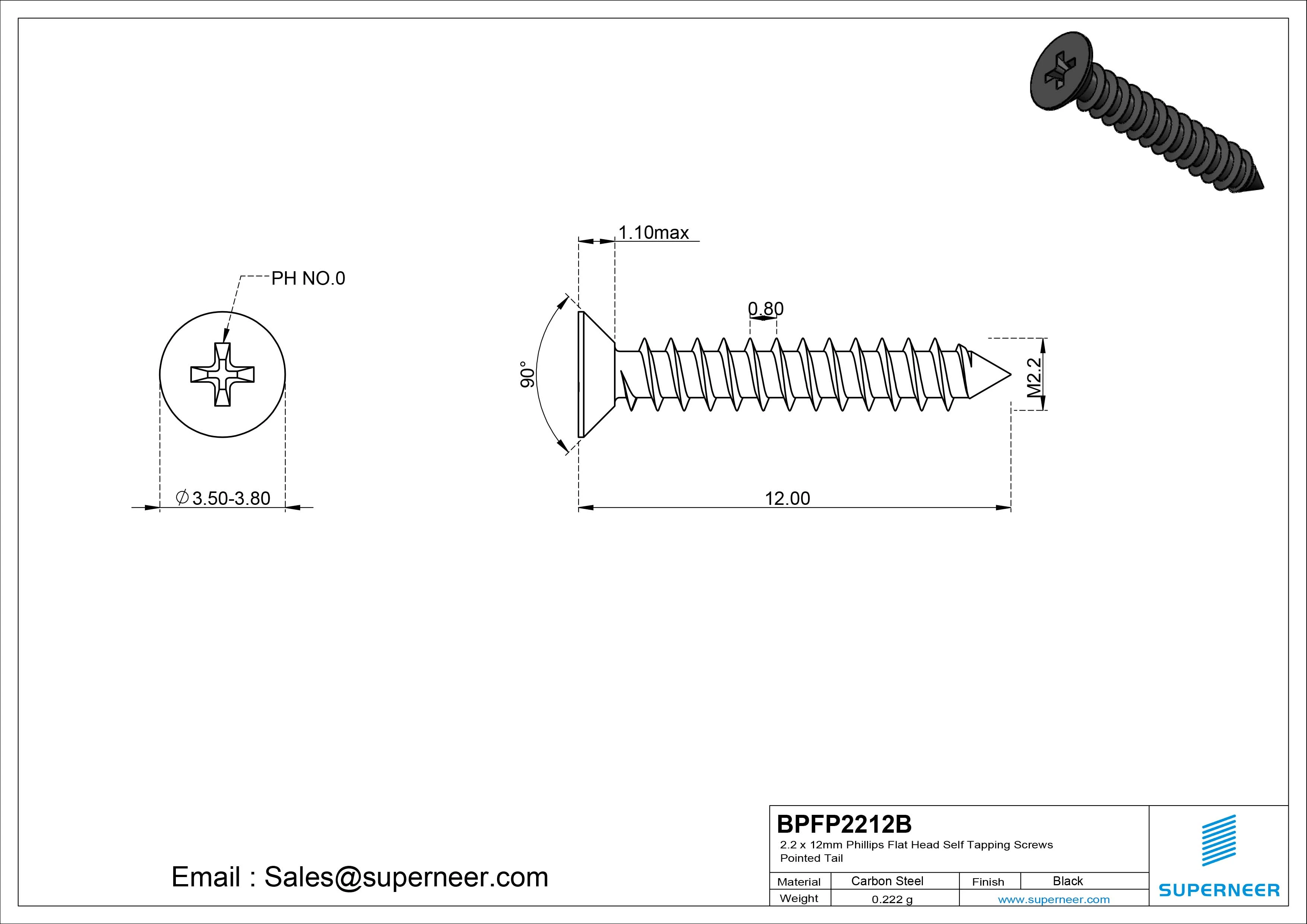 2.2 x 12mm Phillips Flat Head Self Tapping Screws Pointed Tail Steel Black Zinc Plated