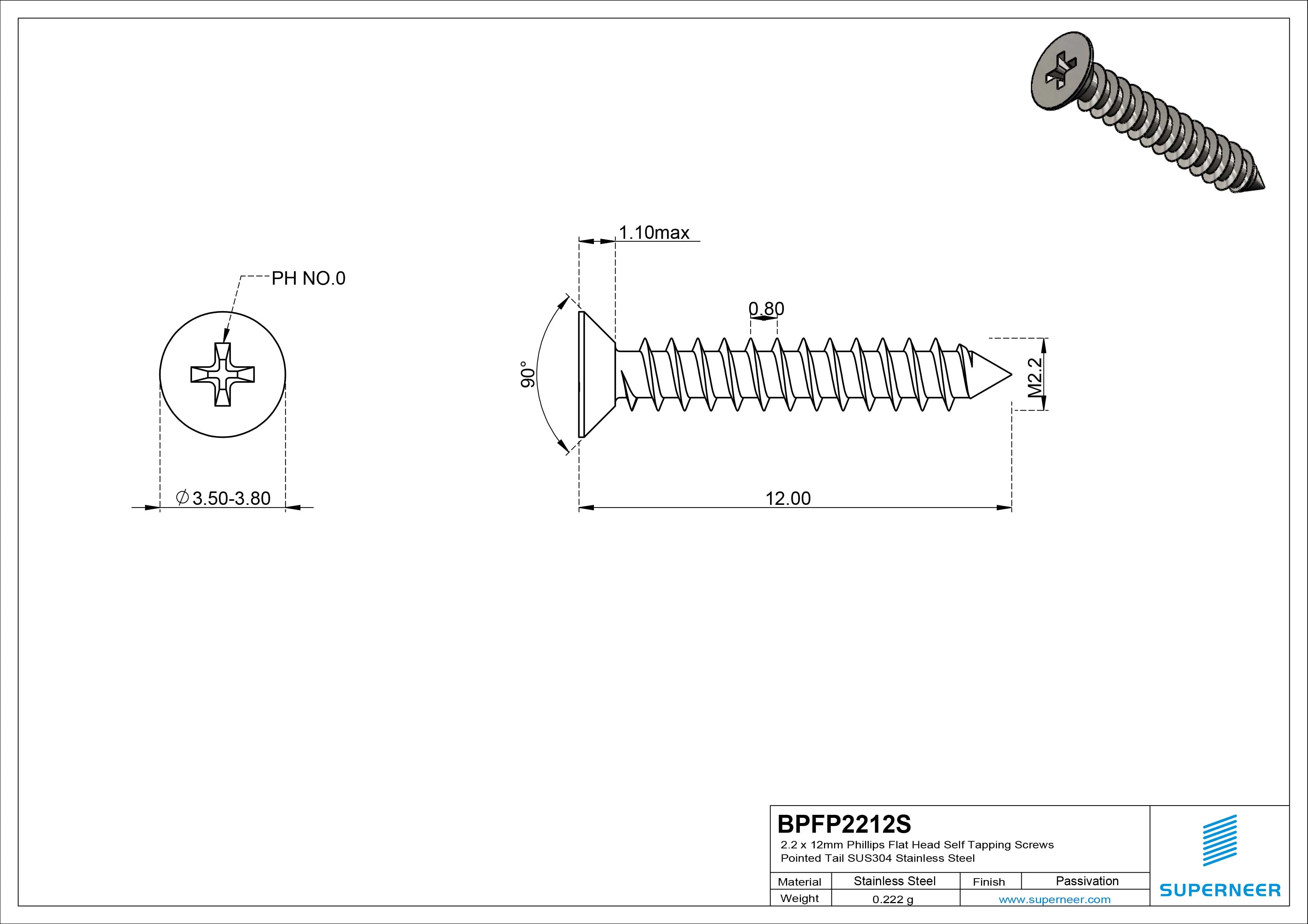 2.2 x 12mm Phillips Flat Head Self Tapping Screws Pointed Tail SUS304 Stainless Steel