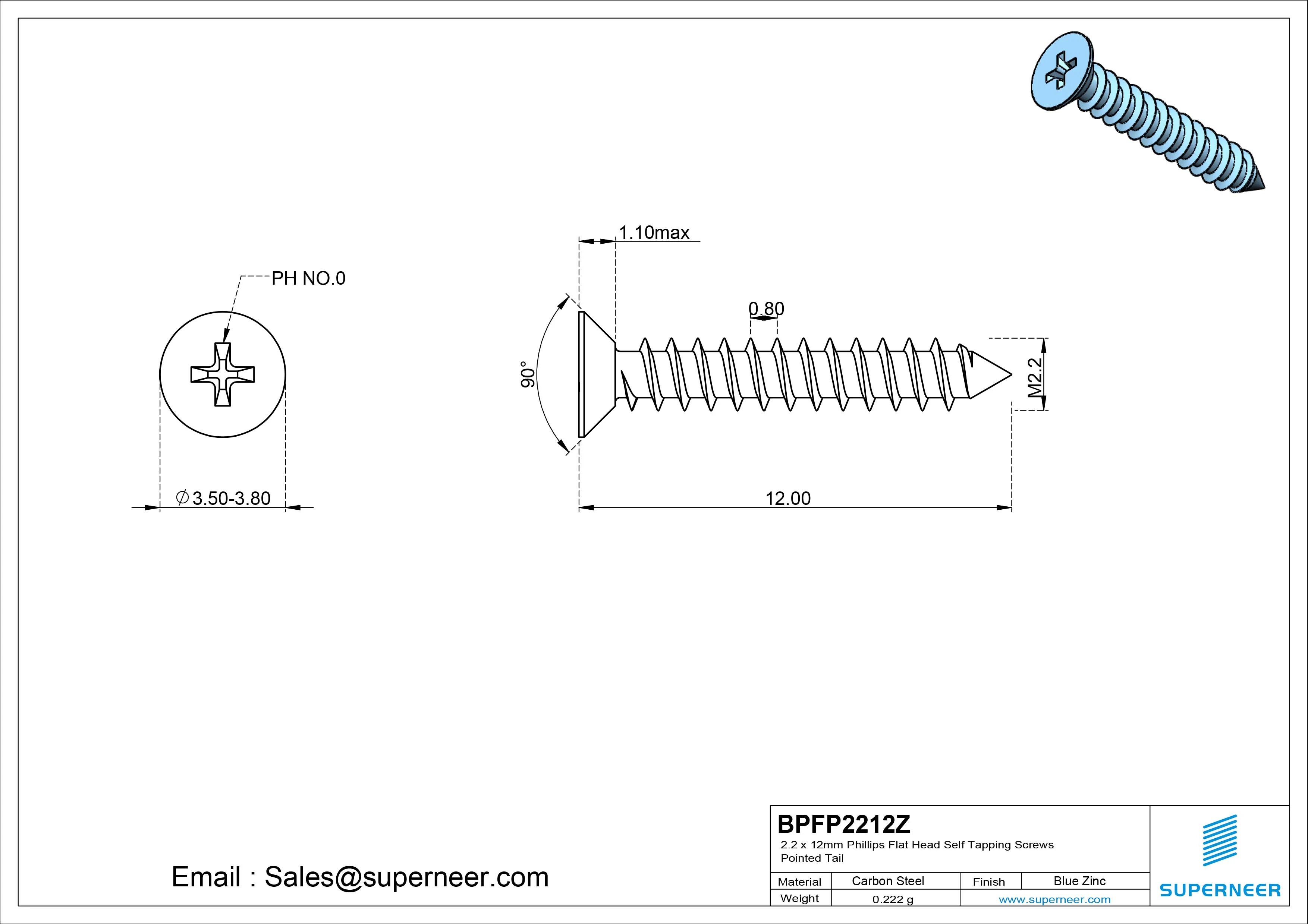 2.2 x 12mm Phillips Flat Head Self Tapping Screws Pointed Tail Steel Blue Zinc Plated