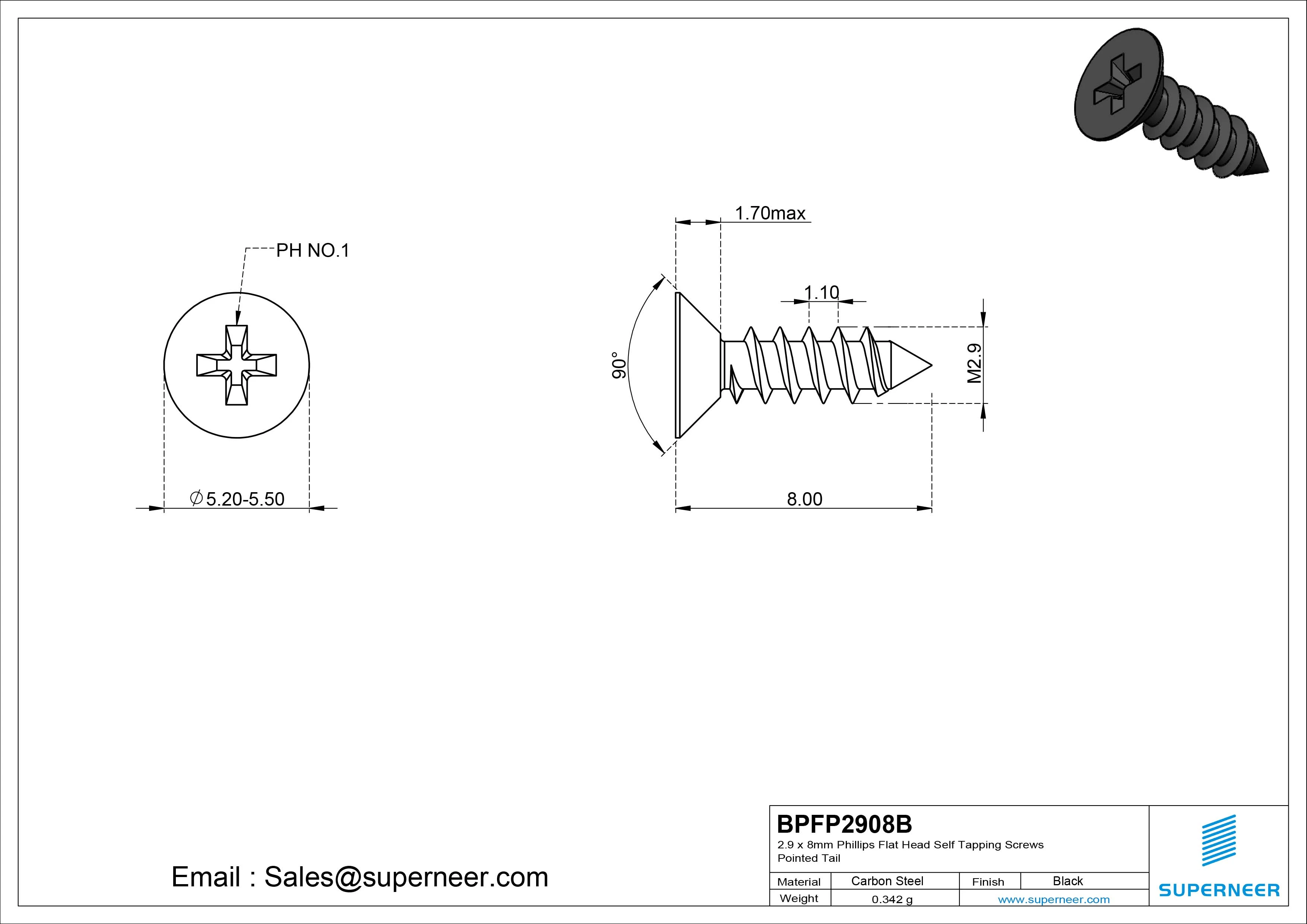 2.9 x 8mm Phillips Flat Head Self Tapping Screws Pointed Tail Steel Black Zinc Plated