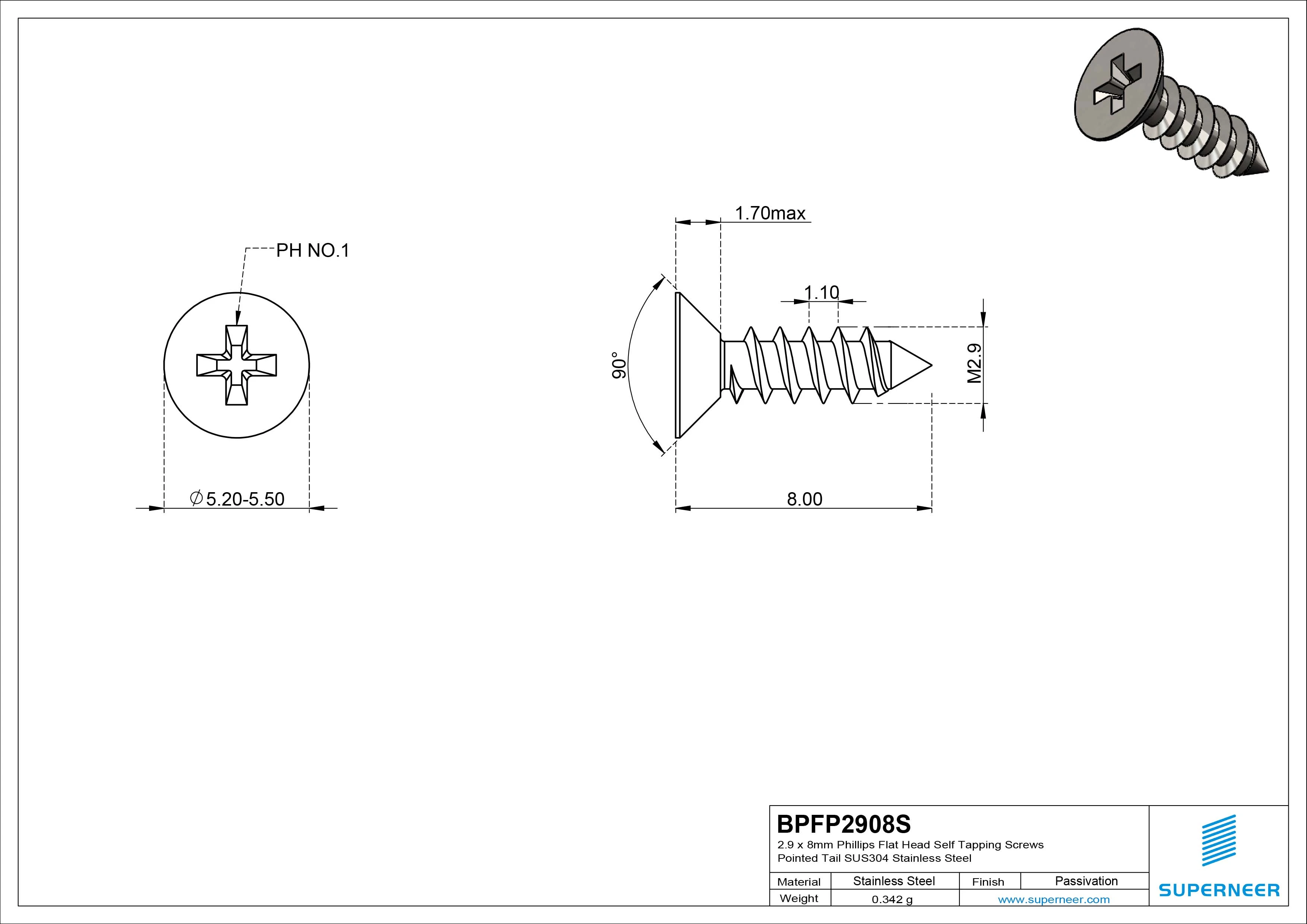 2.9 x 8mm Phillips Flat Head Self Tapping Screws Pointed Tail SUS304 Stainless Steel