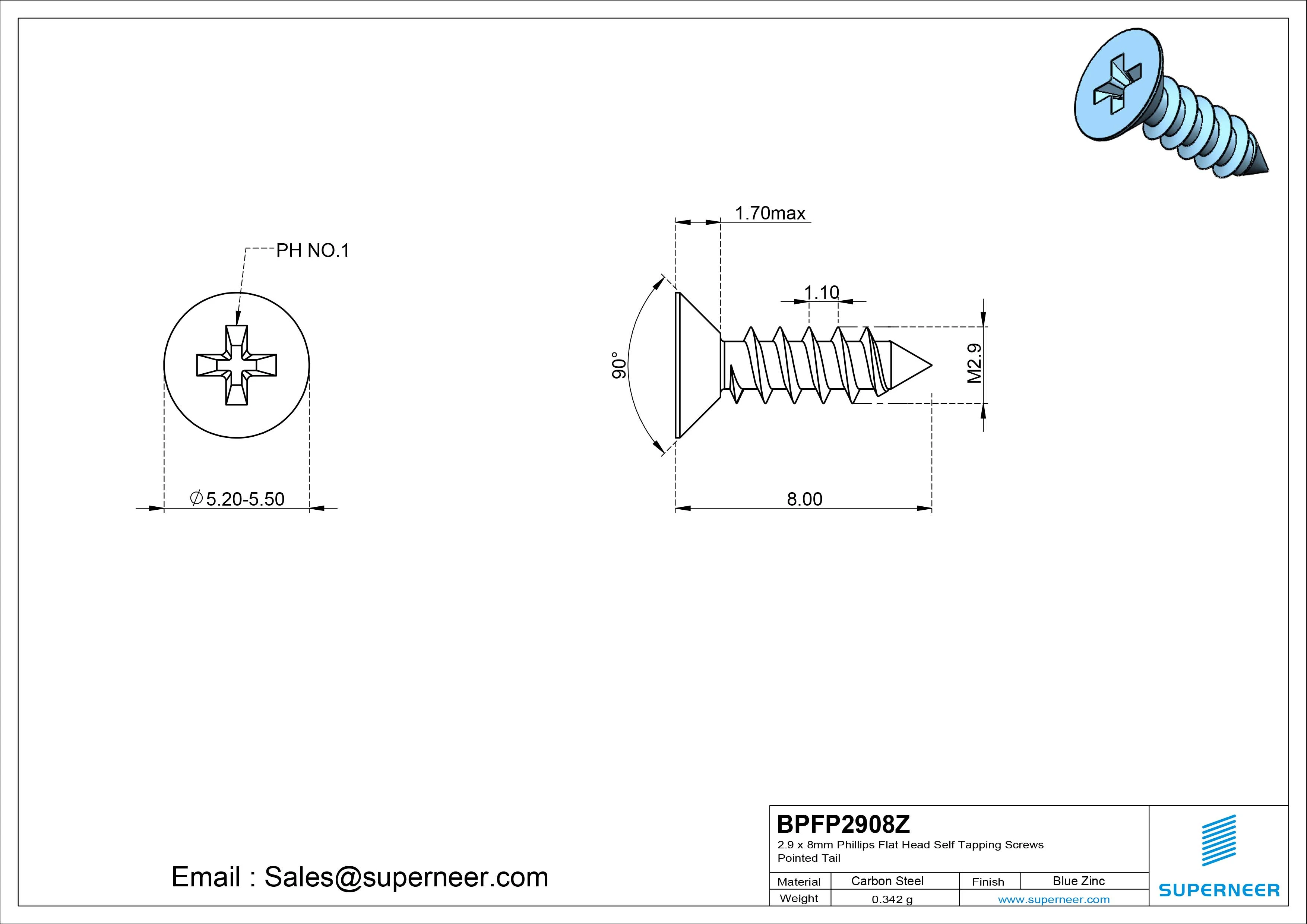 2.9 x 8mm Phillips Flat Head Self Tapping Screws Pointed Tail Steel Blue Zinc Plated