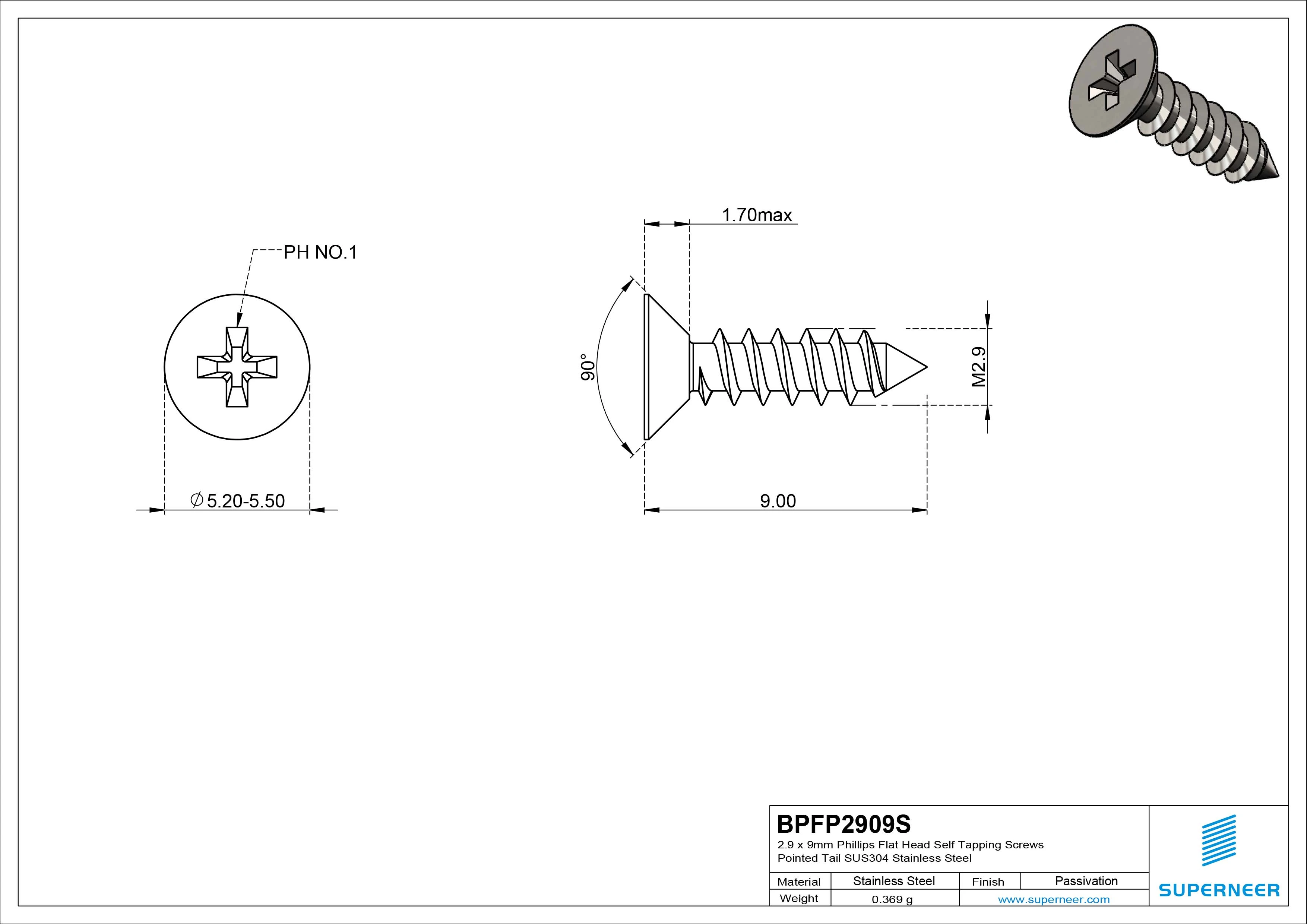 2.9 x 9mm Phillips Flat Head Self Tapping Screws Pointed Tail SUS304 Stainless Steel