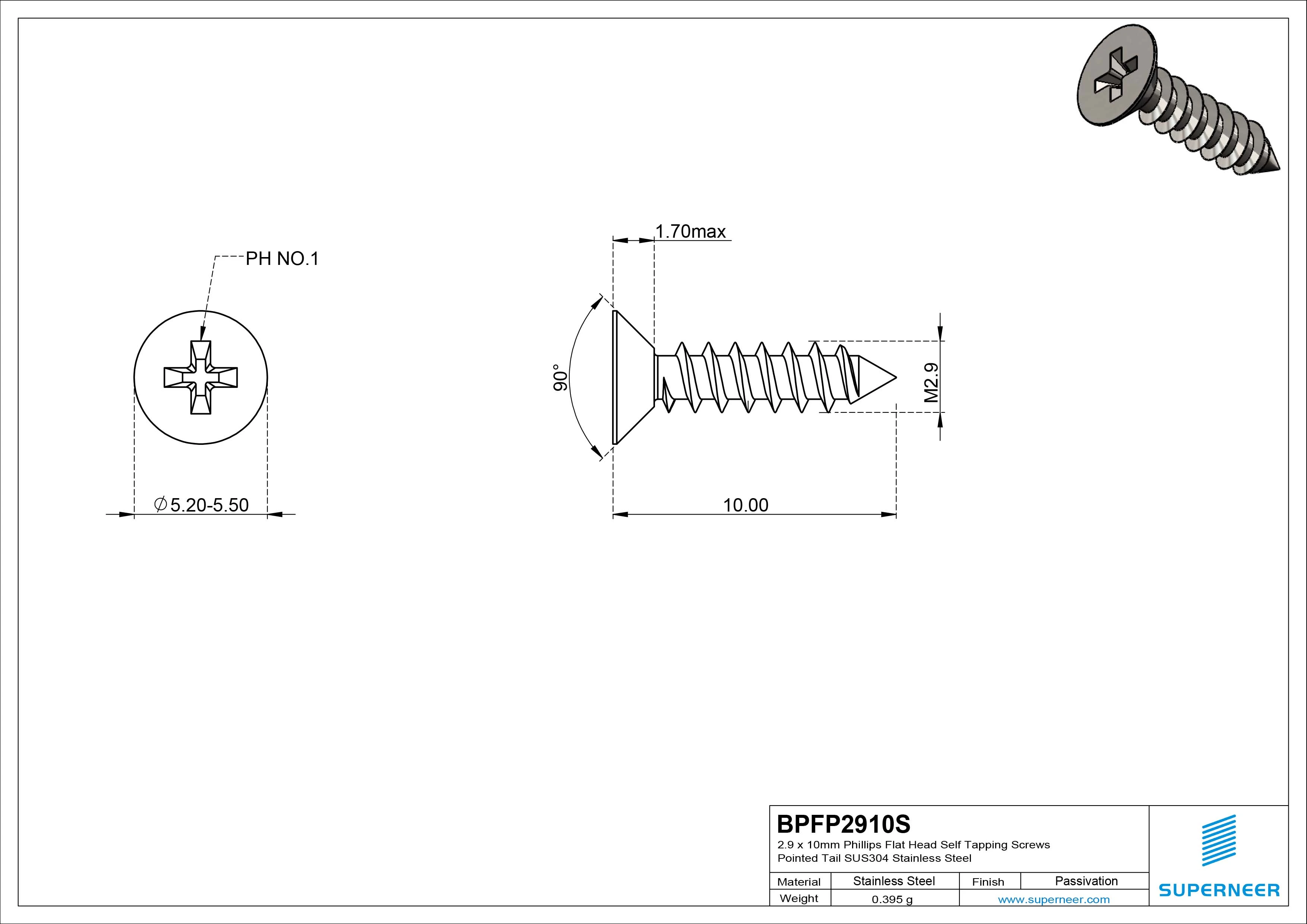 2.9 x 10mm Phillips Flat Head Self Tapping Screws Pointed Tail SUS304 Stainless Steel