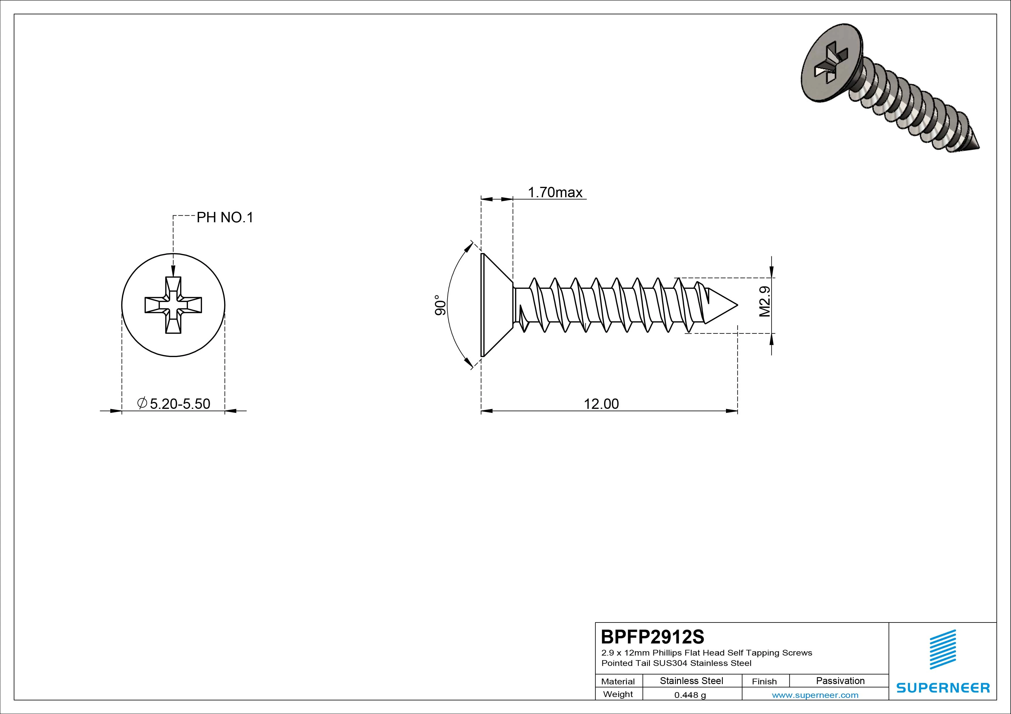 2.9 x 12mm Phillips Flat Head Self Tapping Screws Pointed Tail SUS304 Stainless Steel