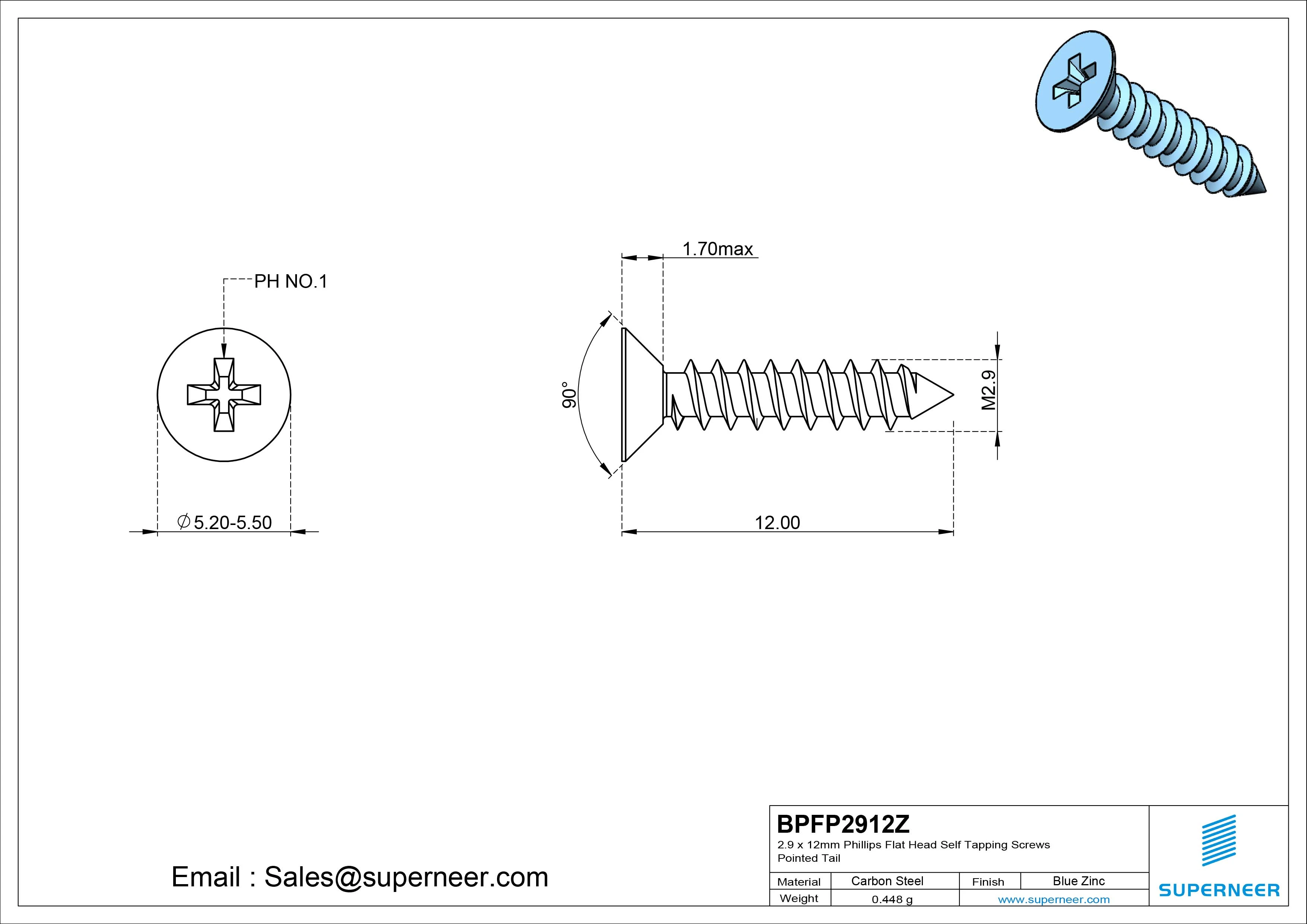 2.9 x 12mm Phillips Flat Head Self Tapping Screws Pointed Tail Steel Blue Zinc Plated