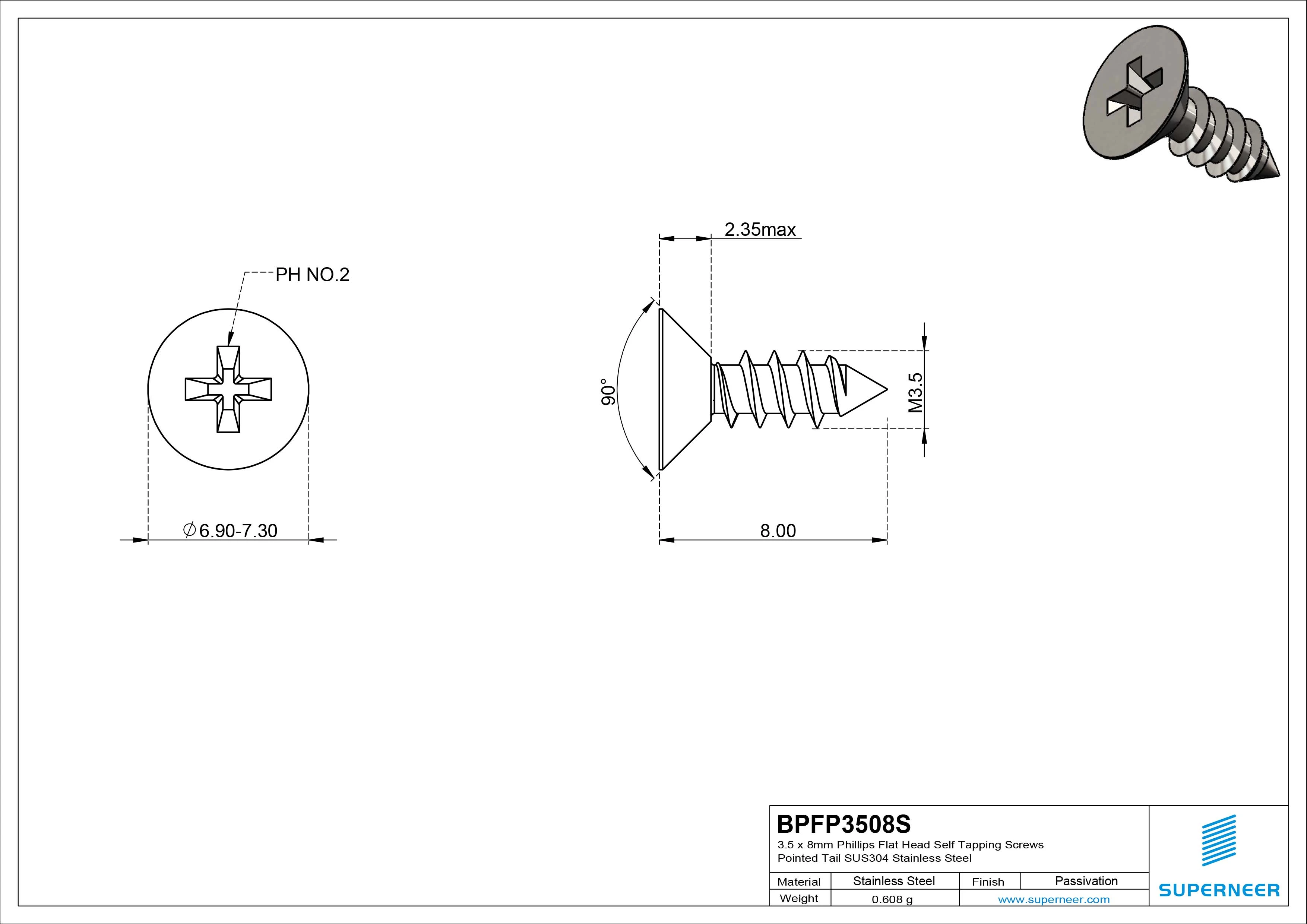 3.5 x 8mm Phillips Flat Head Self Tapping Screws Pointed Tail SUS304 Stainless Steel