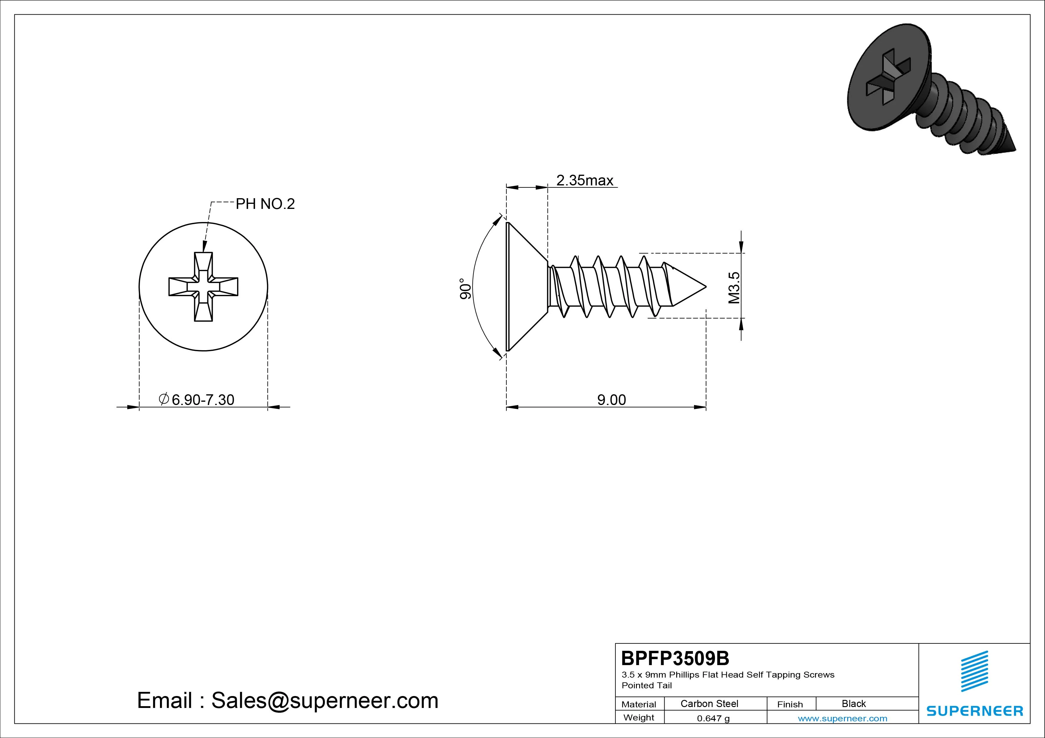 3.5 x 9mm Phillips Flat Head Self Tapping Screws Pointed Tail Steel Black Zinc Plated