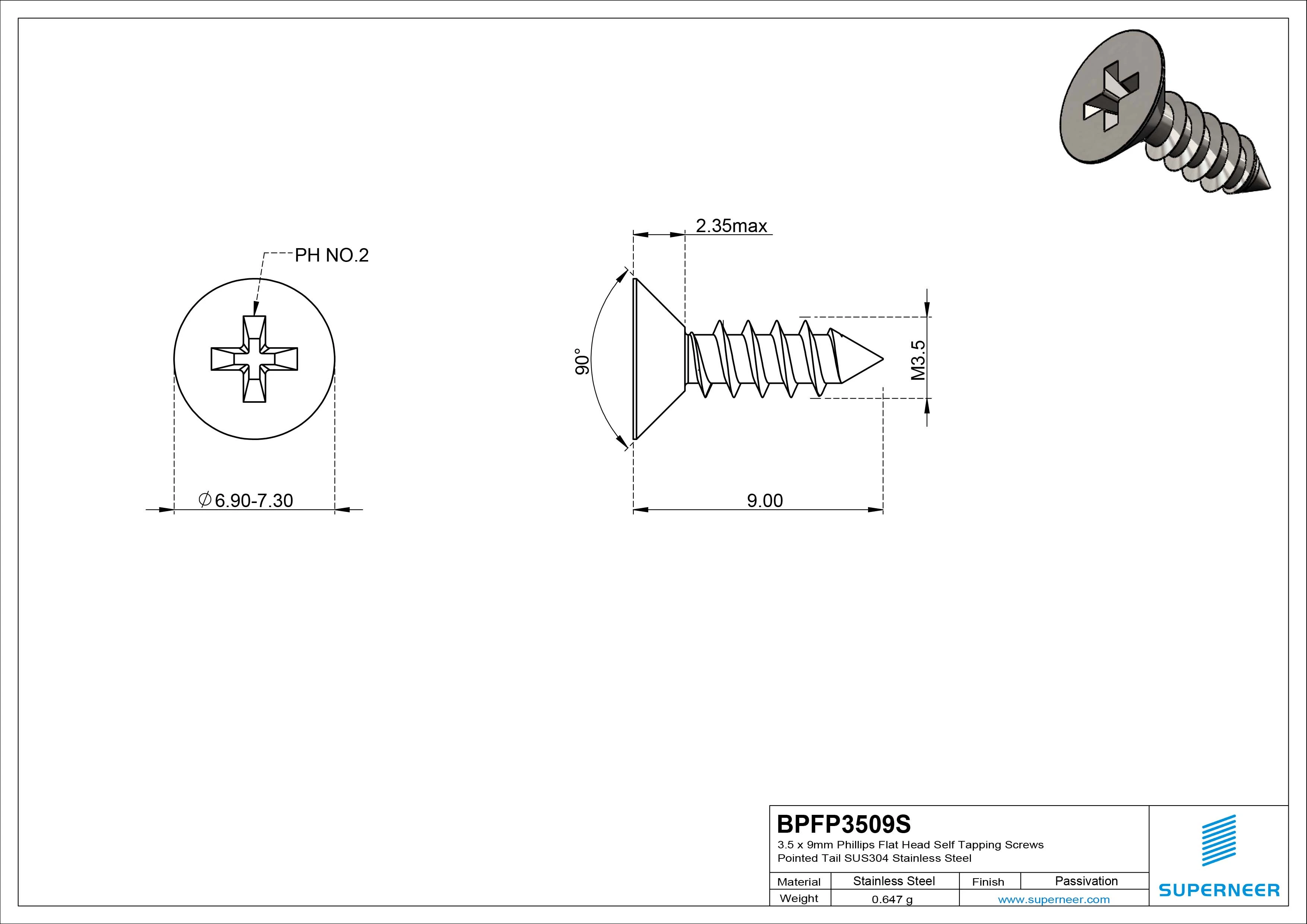3.5 x 9mm Phillips Flat Head Self Tapping Screws Pointed Tail SUS304 Stainless Steel