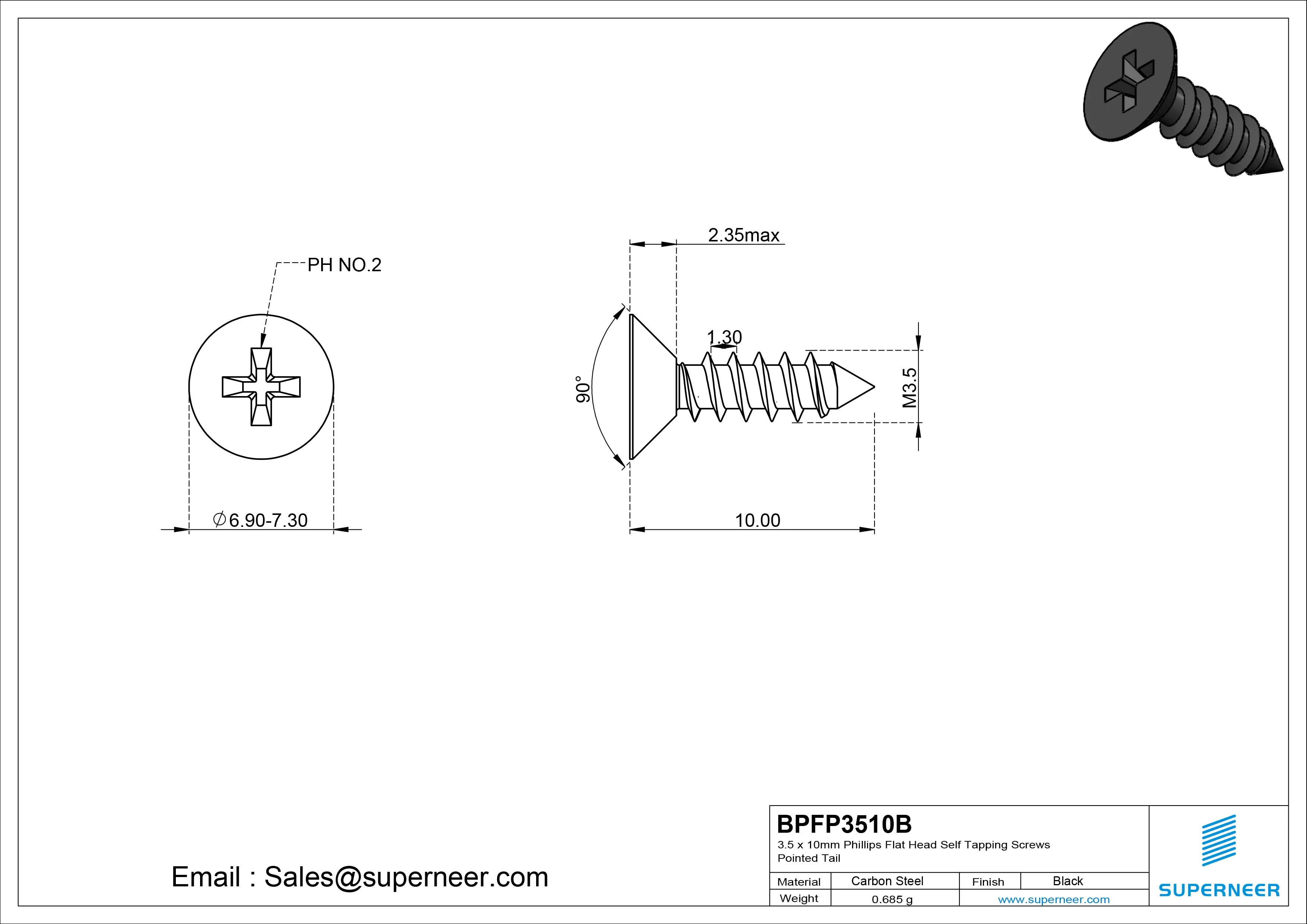 3.5 x 10mm Phillips Flat Head Self Tapping Screws Pointed Tail Steel Black Zinc Plated