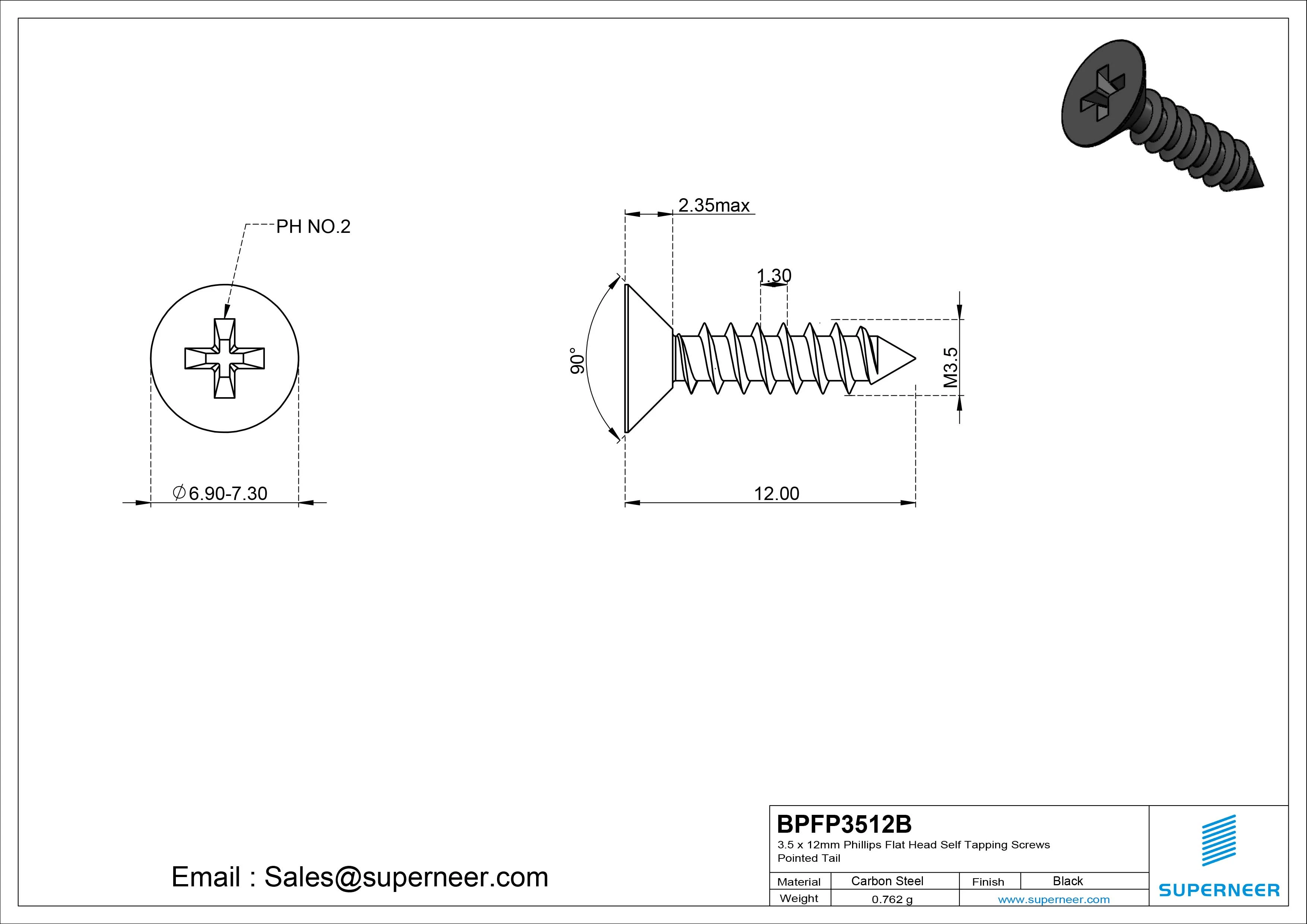 3.5 x 12mm Phillips Flat Head Self Tapping Screws Pointed Tail Steel Black Zinc Plated