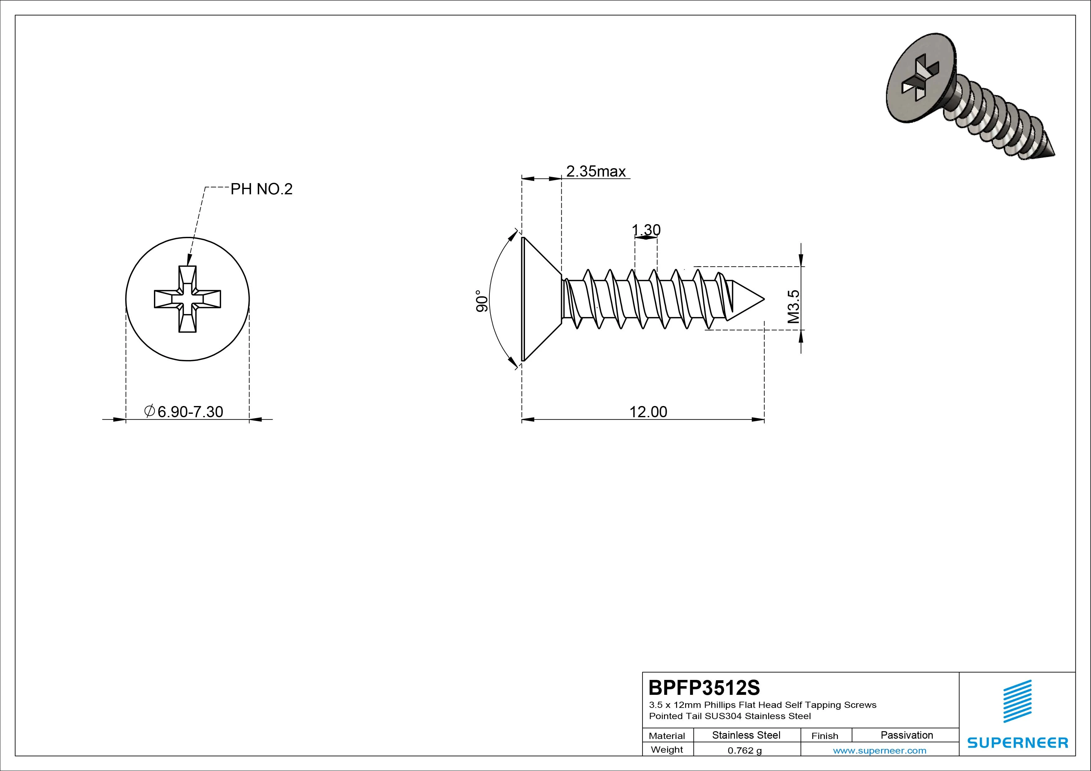 3.5 x 12mm Phillips Flat Head Self Tapping Screws Pointed Tail SUS304 Stainless Steel