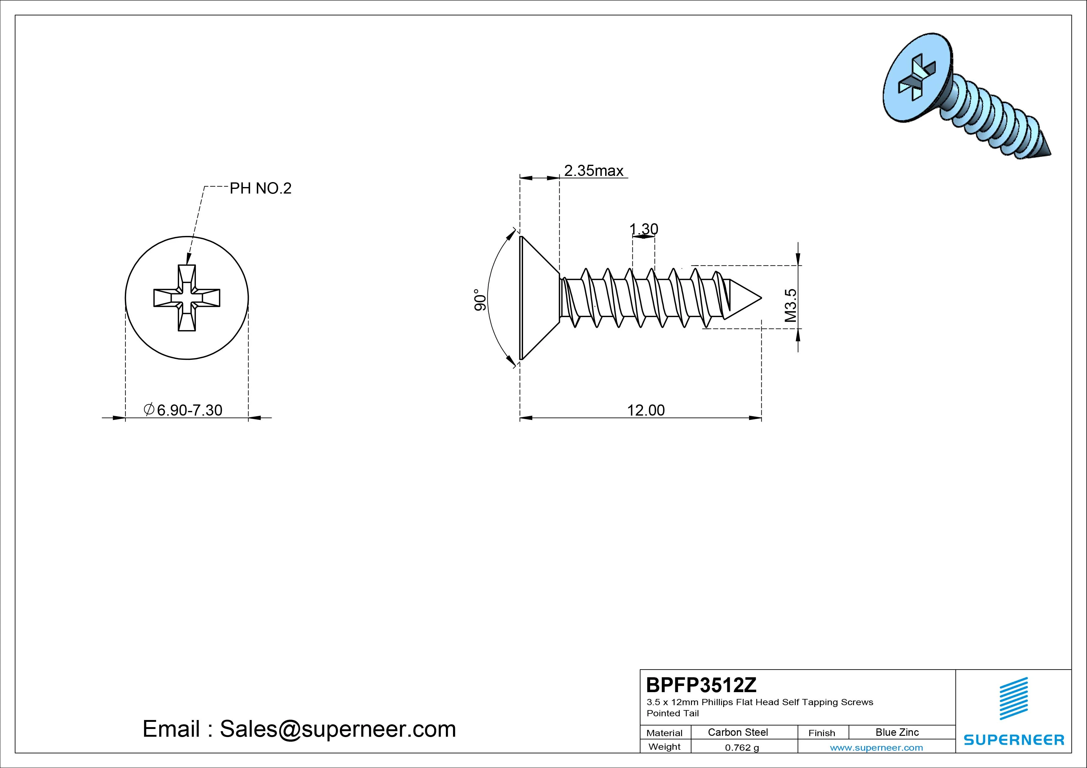 3.5 x 12mm Phillips Flat Head Self Tapping Screws Pointed Tail Steel Blue Zinc Plated
