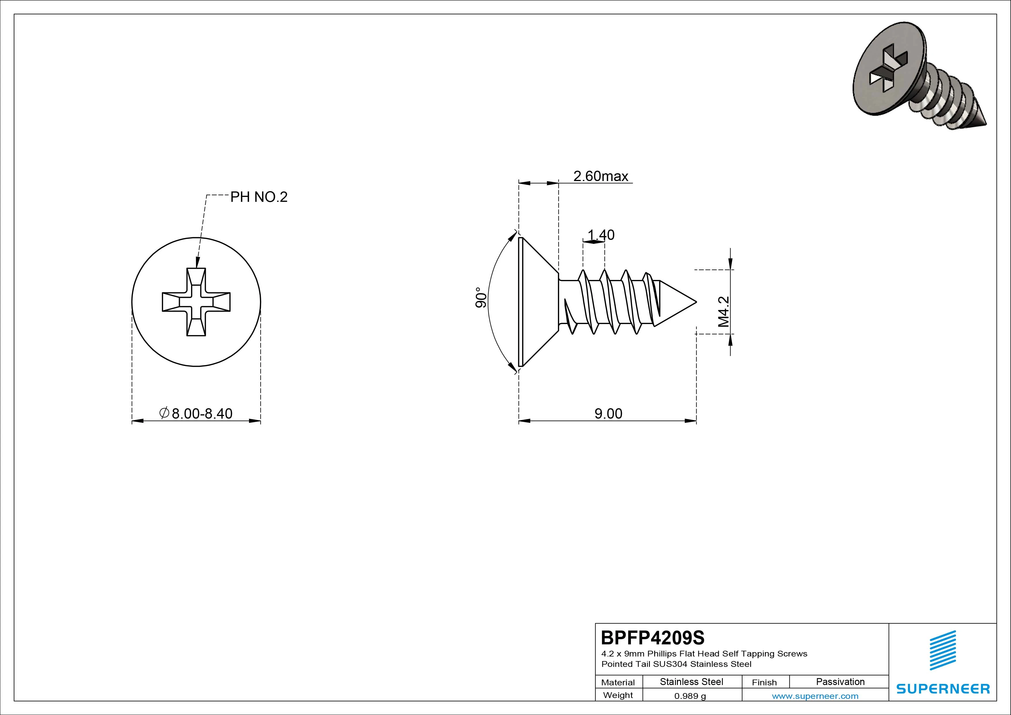 4.2 x 9mm Phillips Flat Head Self Tapping Screws Pointed Tail SUS304 Stainless Steel