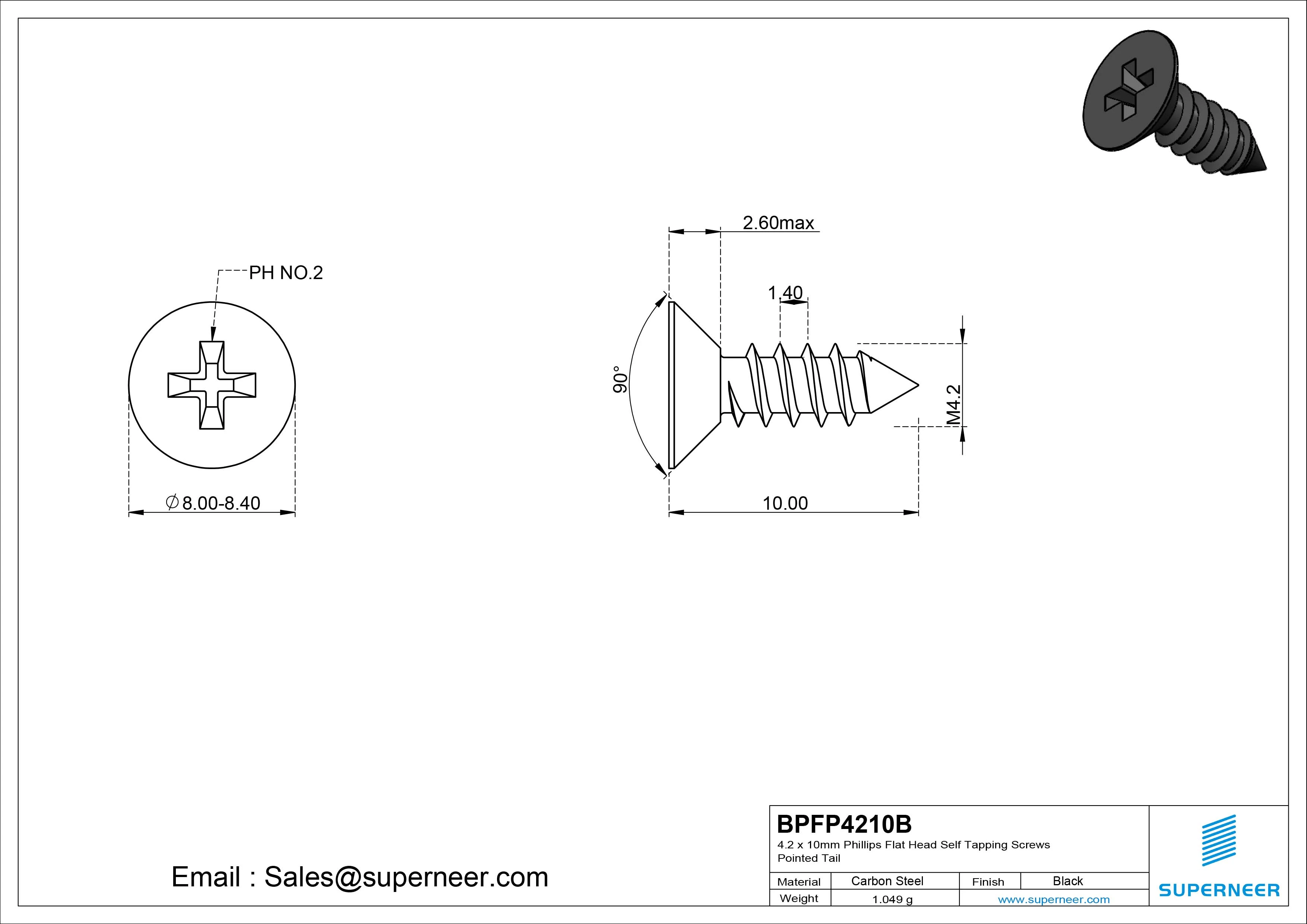 4.2 x 10mm Phillips Flat Head Self Tapping Screws Pointed Tail Steel Black Zinc Plated