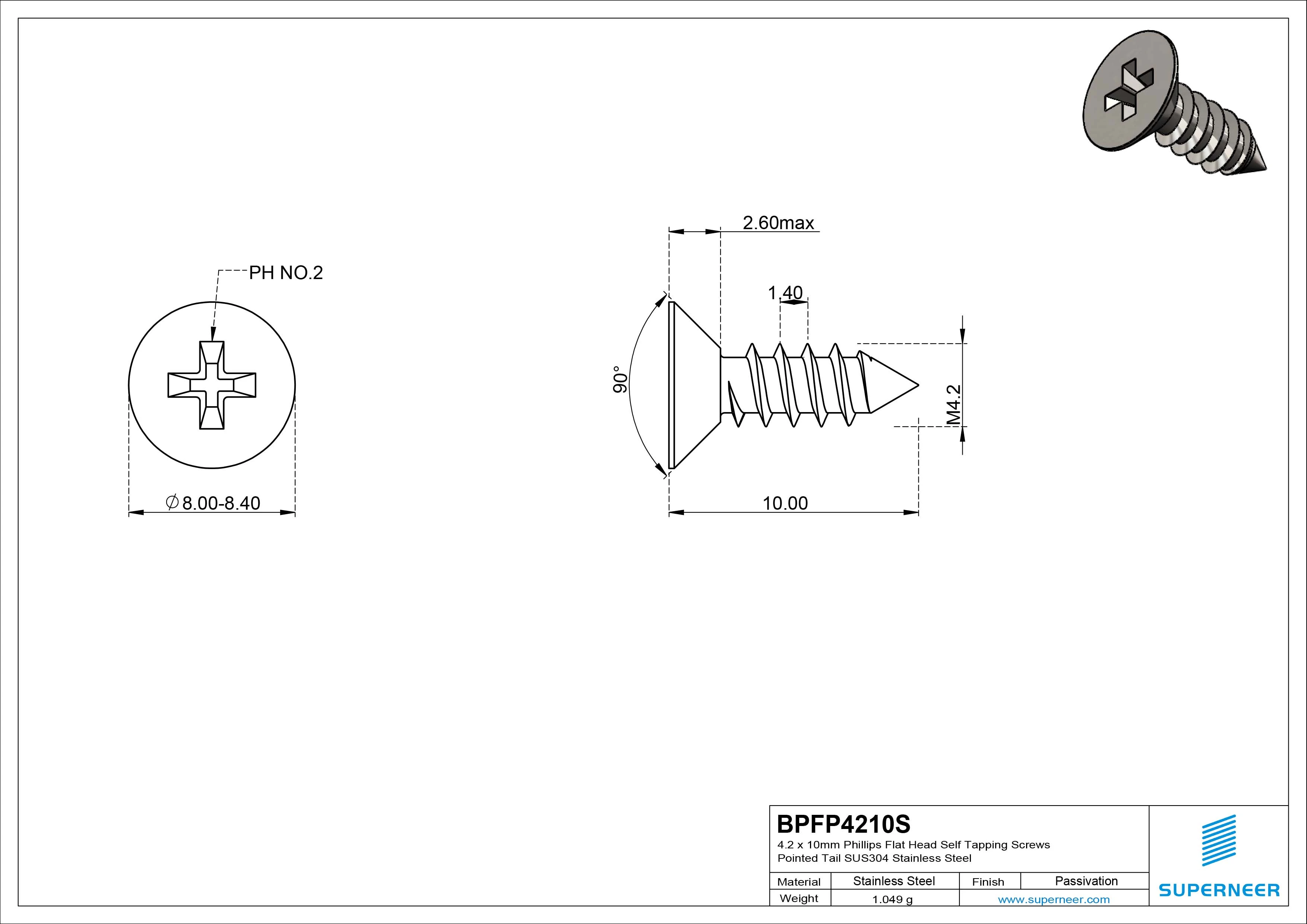 4.2 x 10mm Phillips Flat Head Self Tapping Screws Pointed Tail SUS304 Stainless Steel