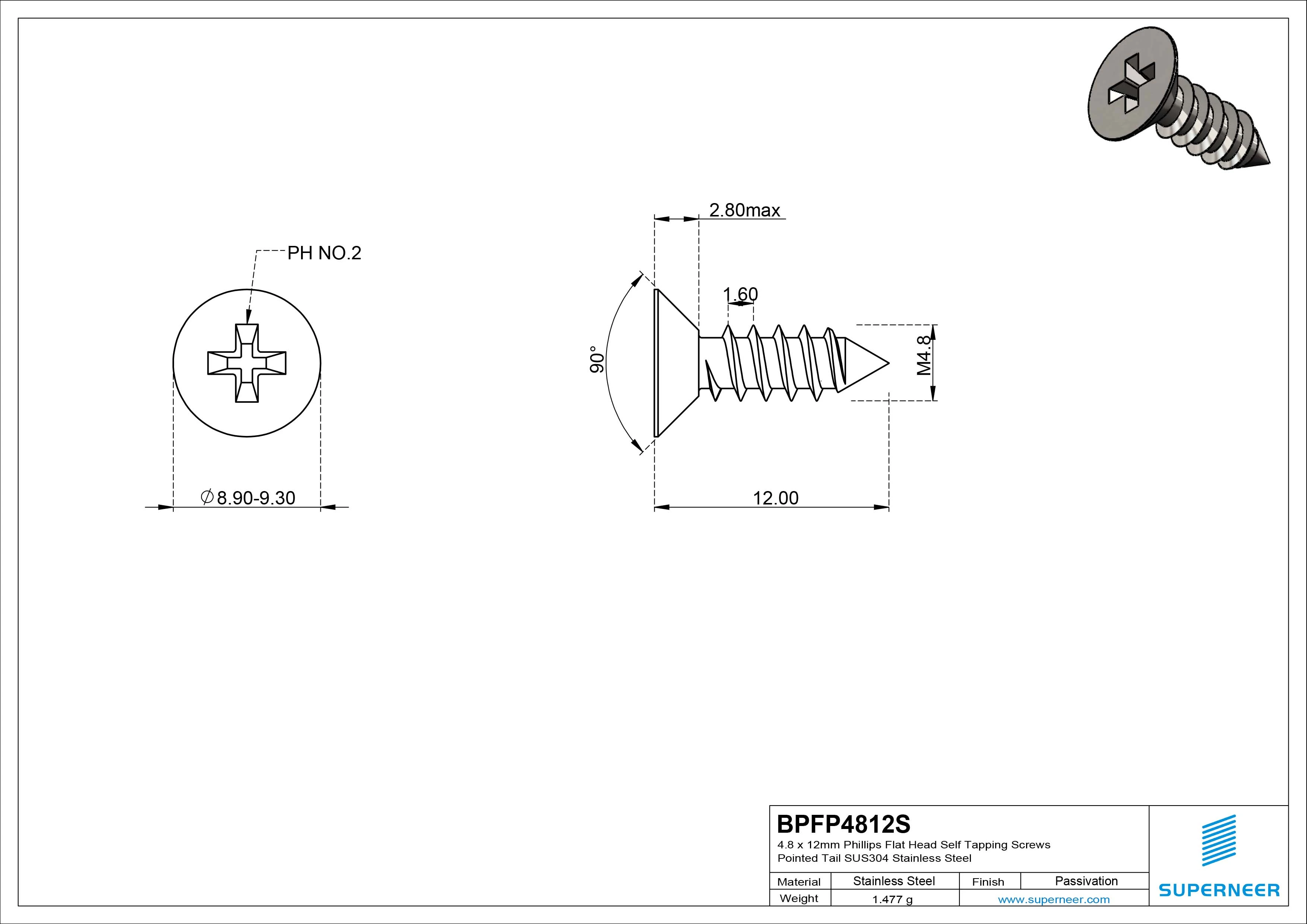 4.8 x 12mm Phillips Flat Head Self Tapping Screws Pointed Tail SUS304 Stainless Steel