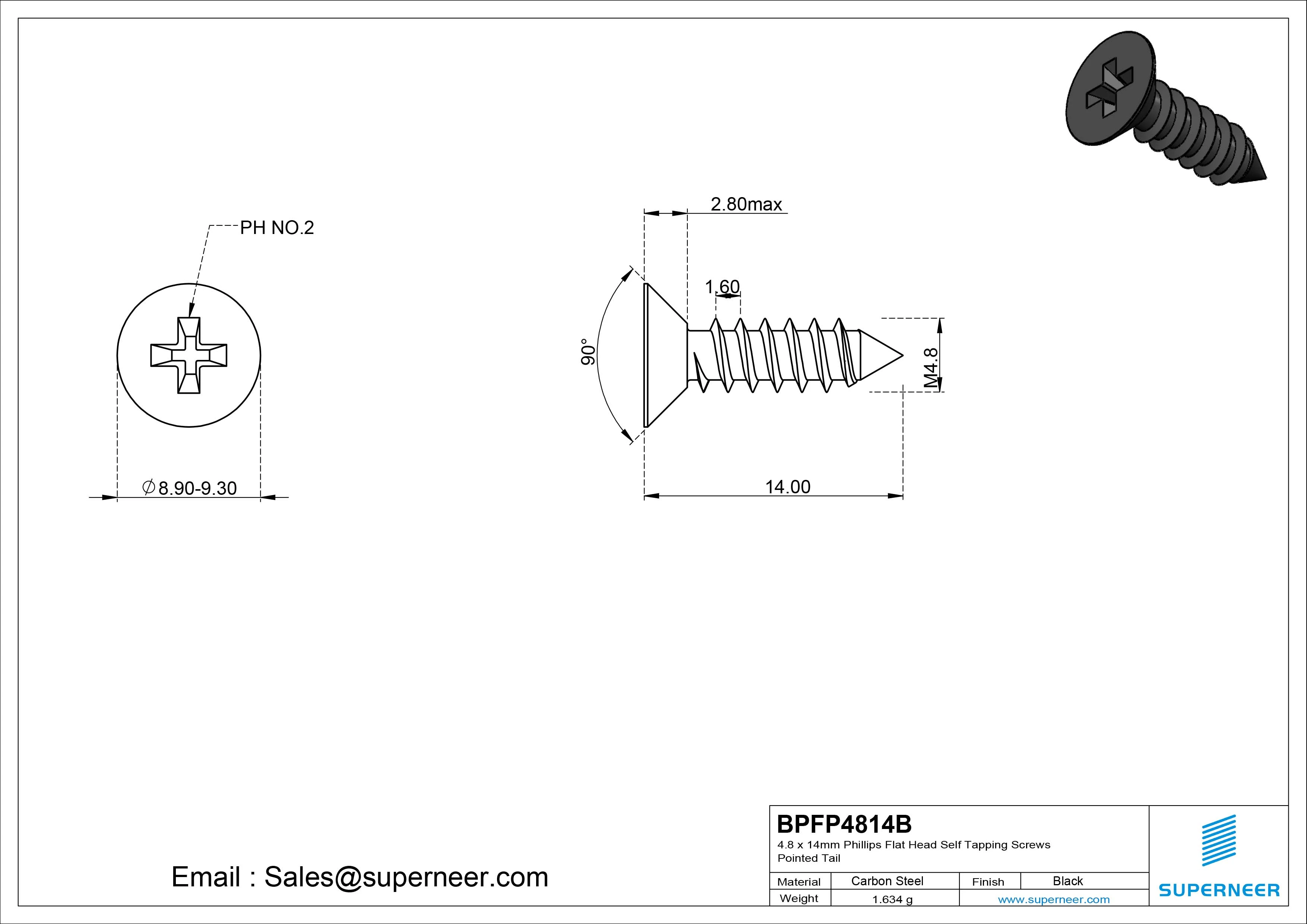 4.8 x 14mm Phillips Flat Head Self Tapping Screws Pointed Tail Steel Black Zinc Plated