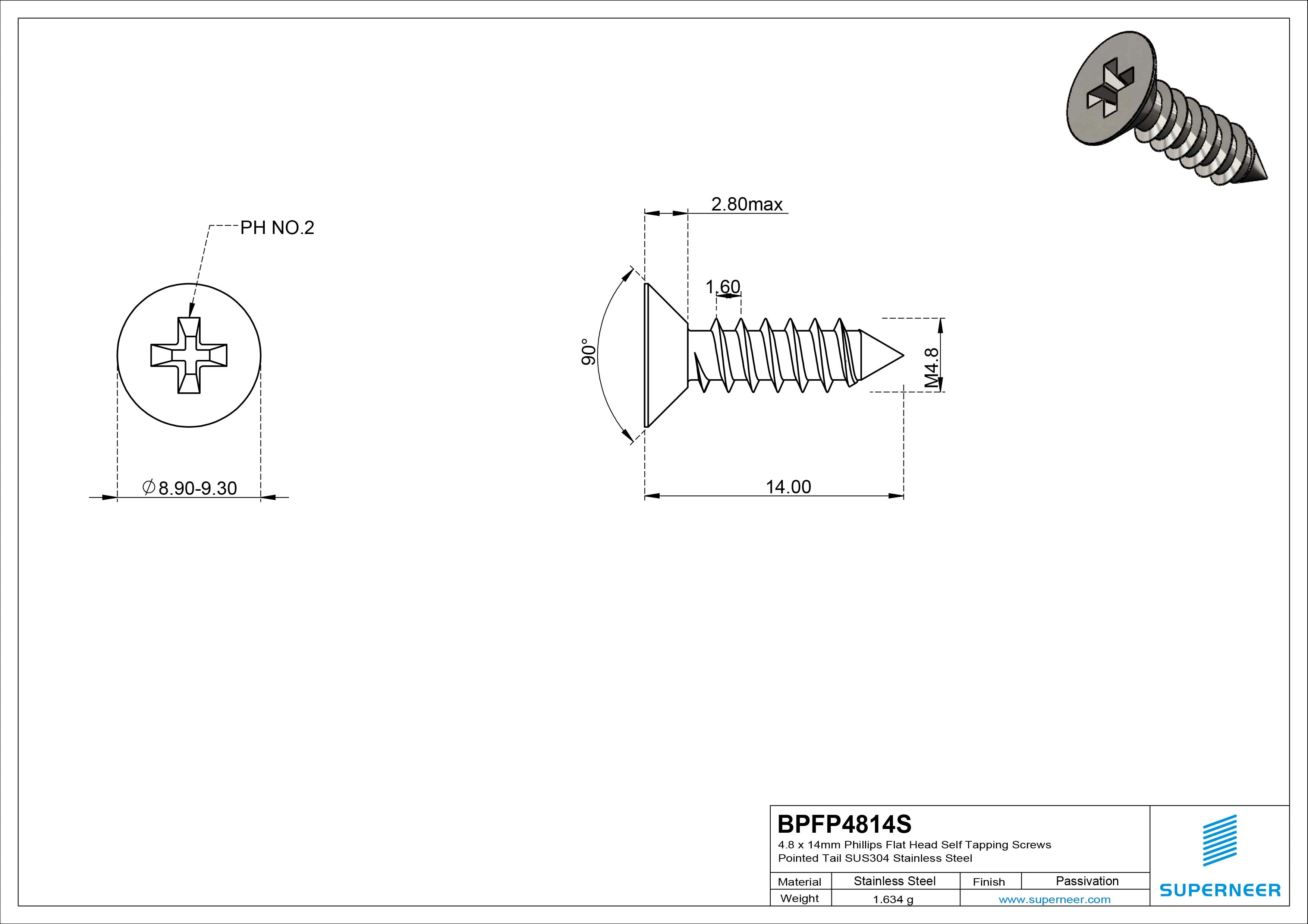 4.8 x 14mm Phillips Flat Head Self Tapping Screws Pointed Tail SUS304 Stainless Steel