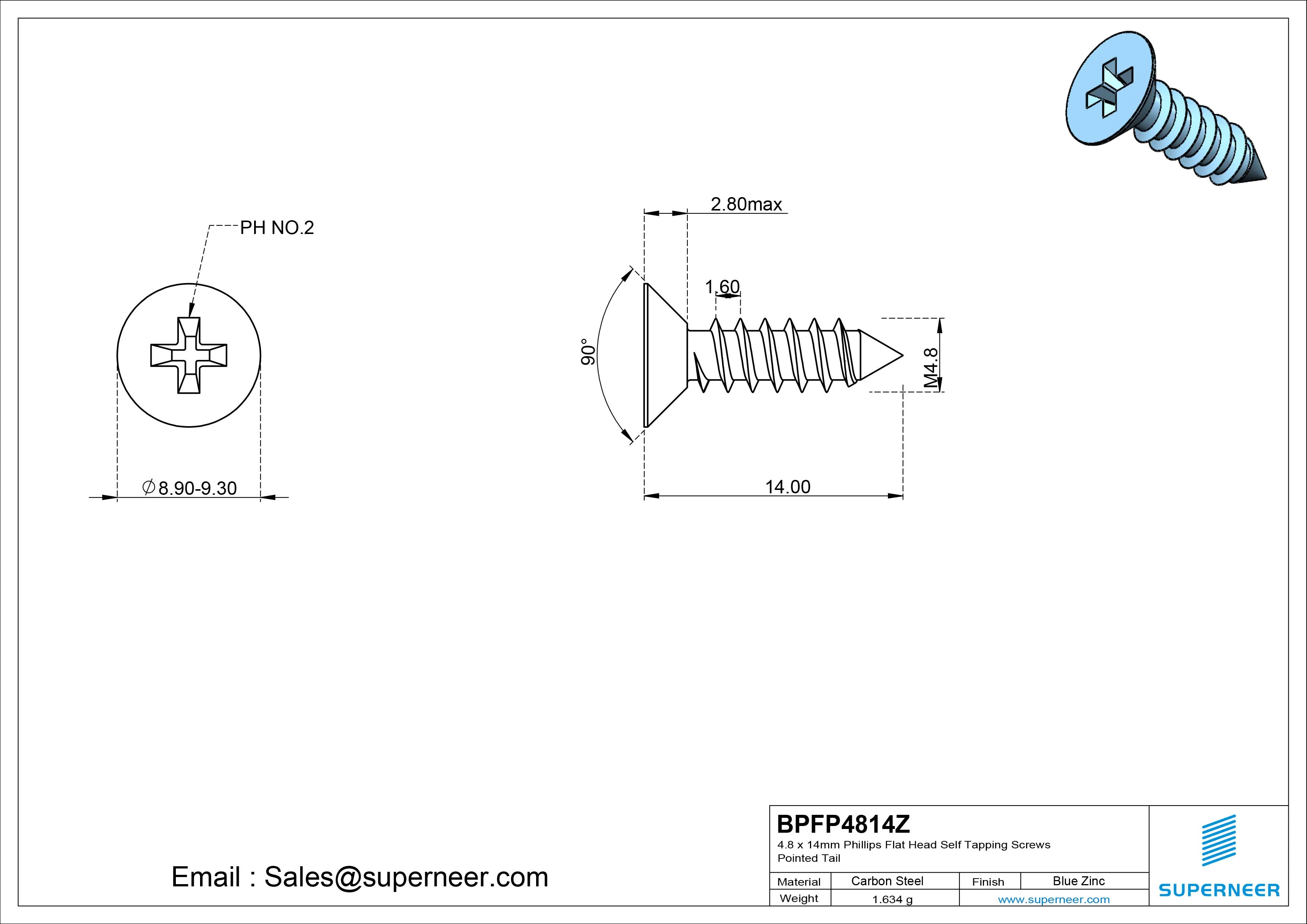 4.8 x 14mm Phillips Flat Head Self Tapping Screws Pointed Tail Steel Blue Zinc Plated