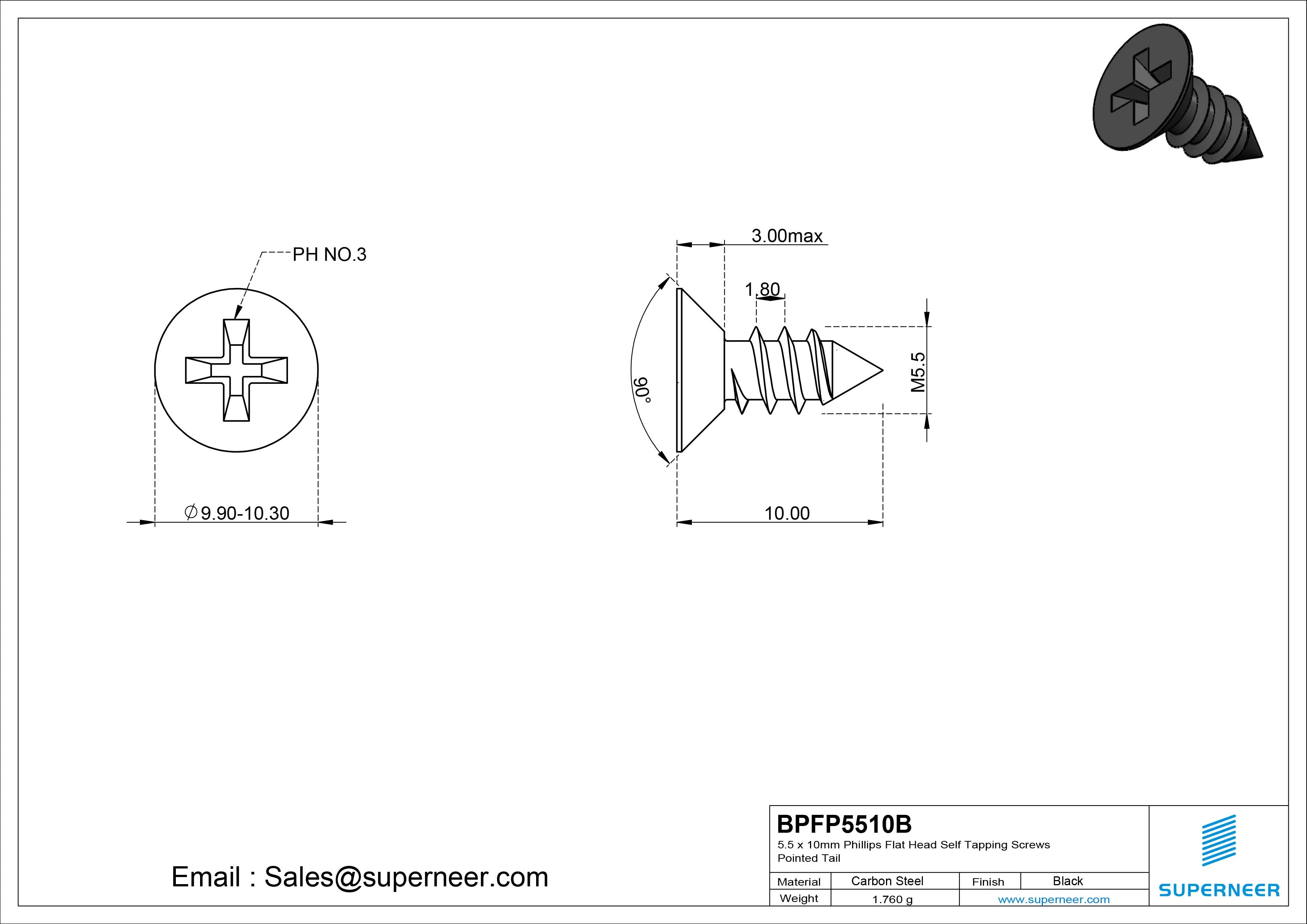 5.5 x 10mm Phillips Flat Head Self Tapping Screws Pointed Tail Steel Black Zinc Plated
