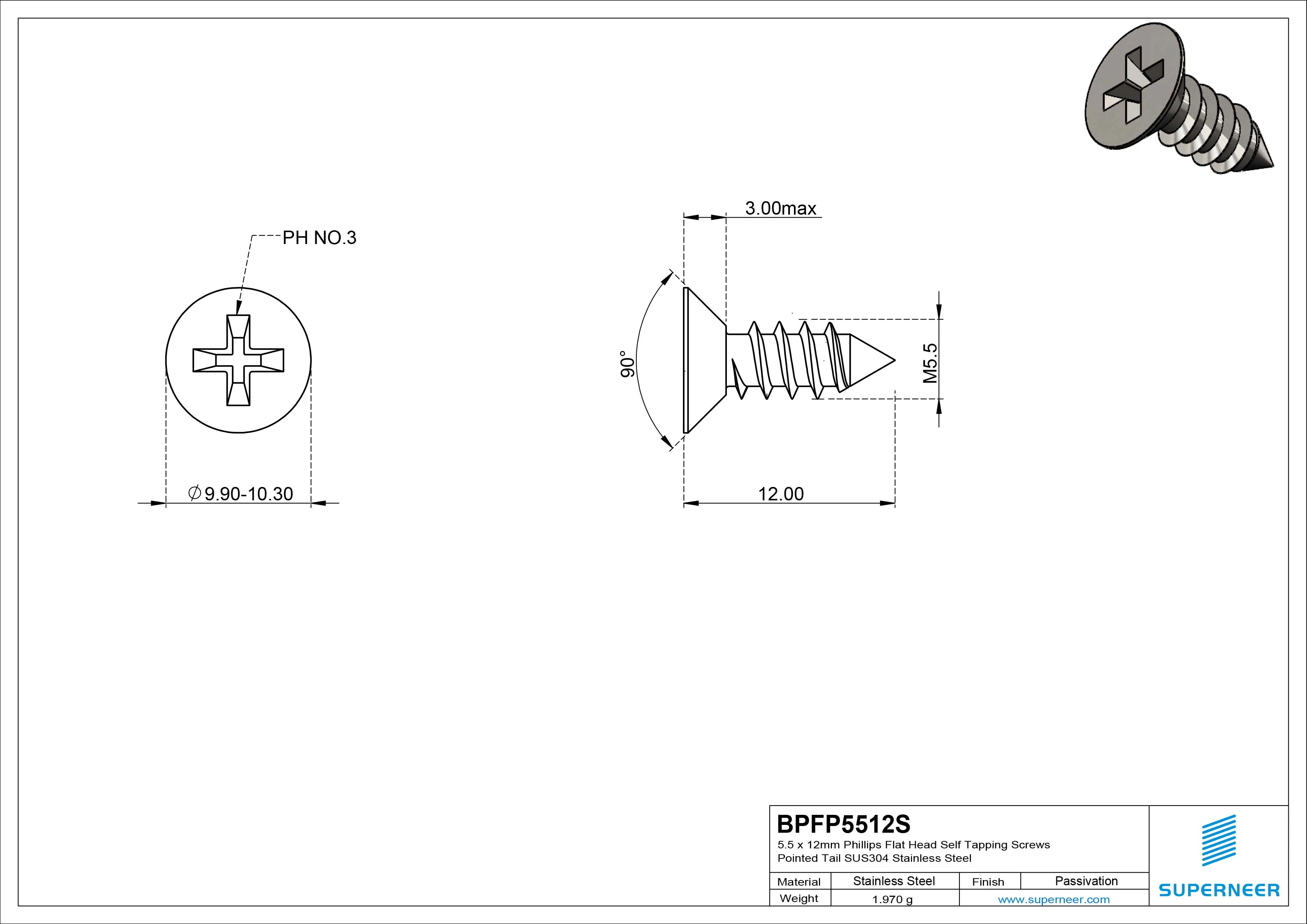 5.5 x 12mm Phillips Flat Head Self Tapping Screws Pointed Tail SUS304 Stainless Steel